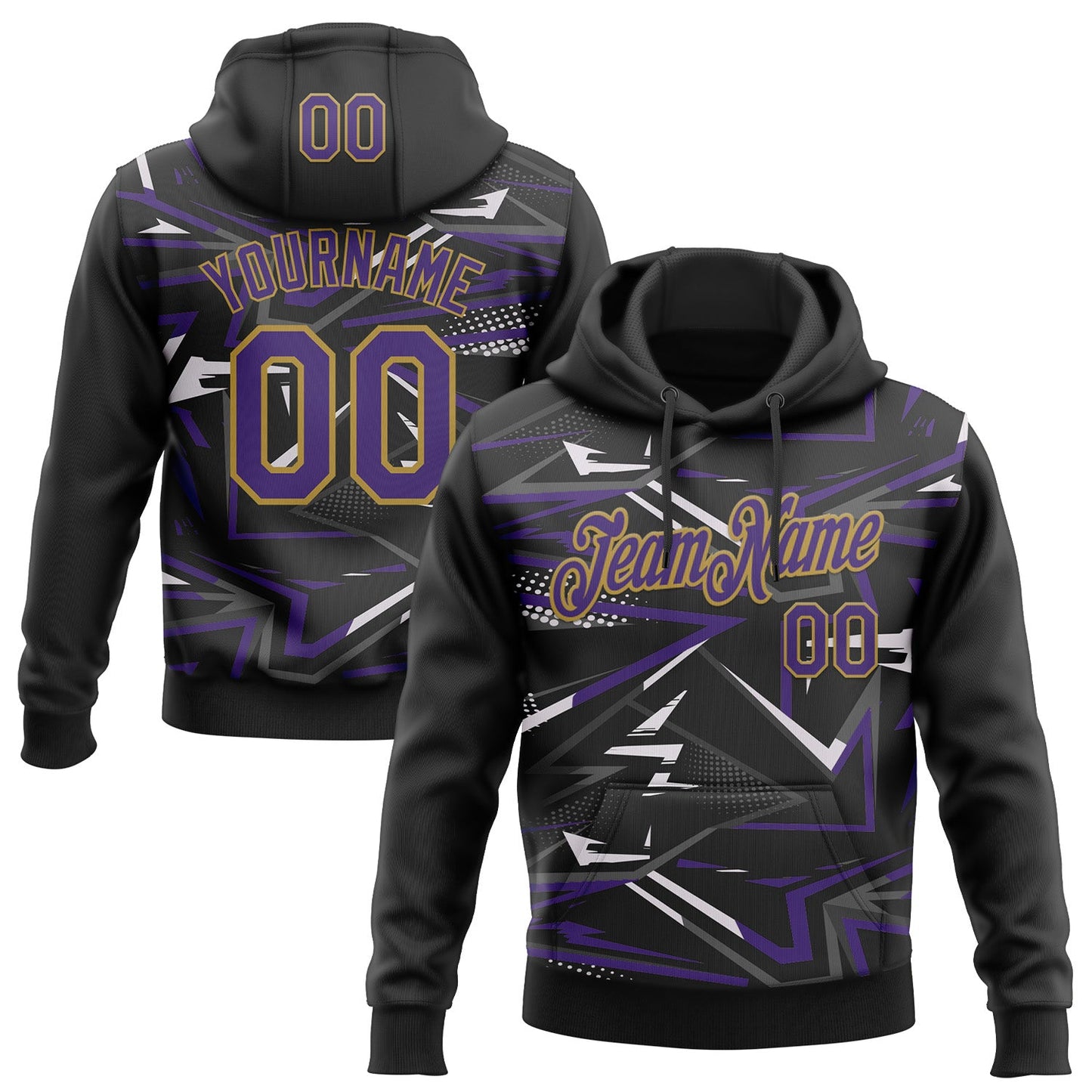 Custom Stitched Black Purple Old Gold-White 3D Pattern Design Line Sports Pullover Sweatshirt Hoodie - Main View