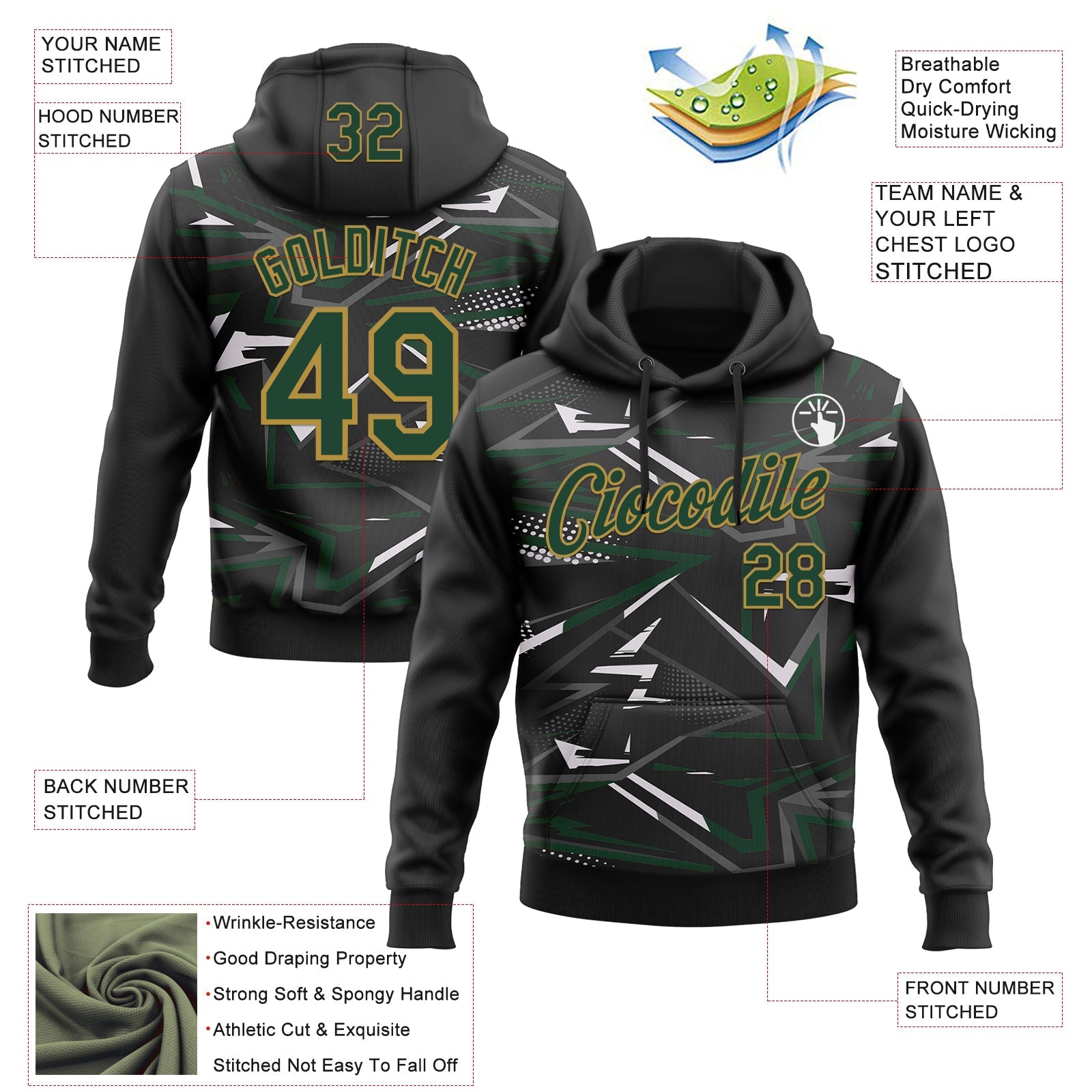 Custom Stitched Black Green Old Gold-White 3D Pattern Design Line Sports Pullover Sweatshirt Hoodie view 2