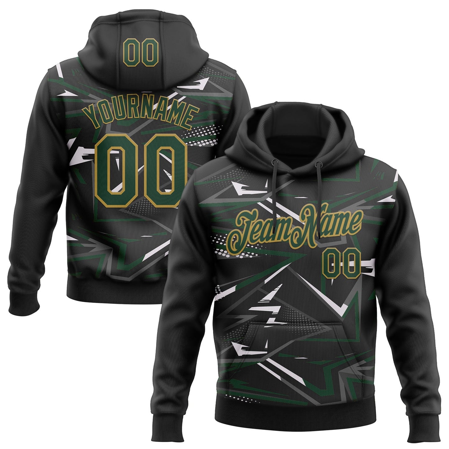 Custom Stitched Black Green Old Gold-White 3D Pattern Design Line Sports Pullover Sweatshirt Hoodie - Main View