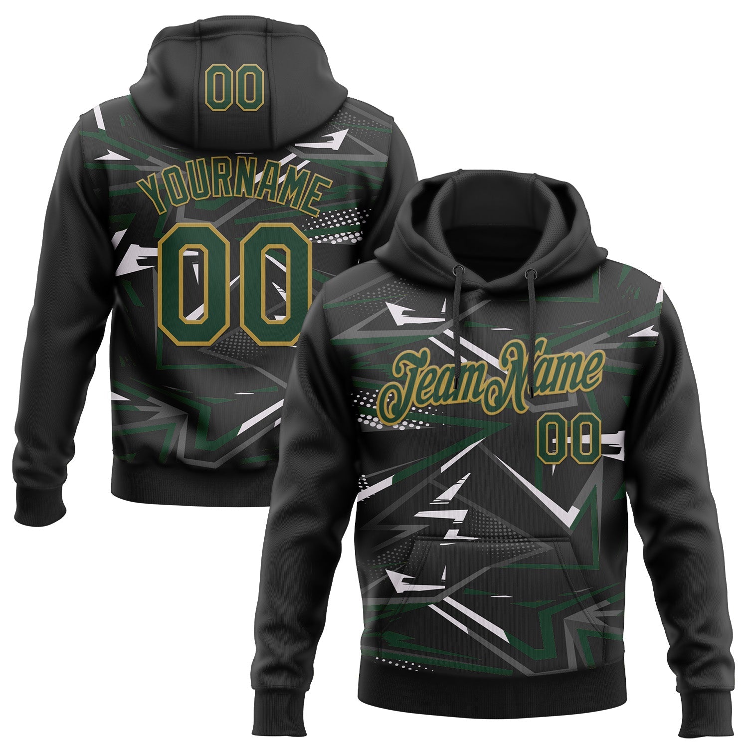 Custom Stitched Black Green Old Gold-White 3D Pattern Design Line Sports Pullover Sweatshirt Hoodie - Main View