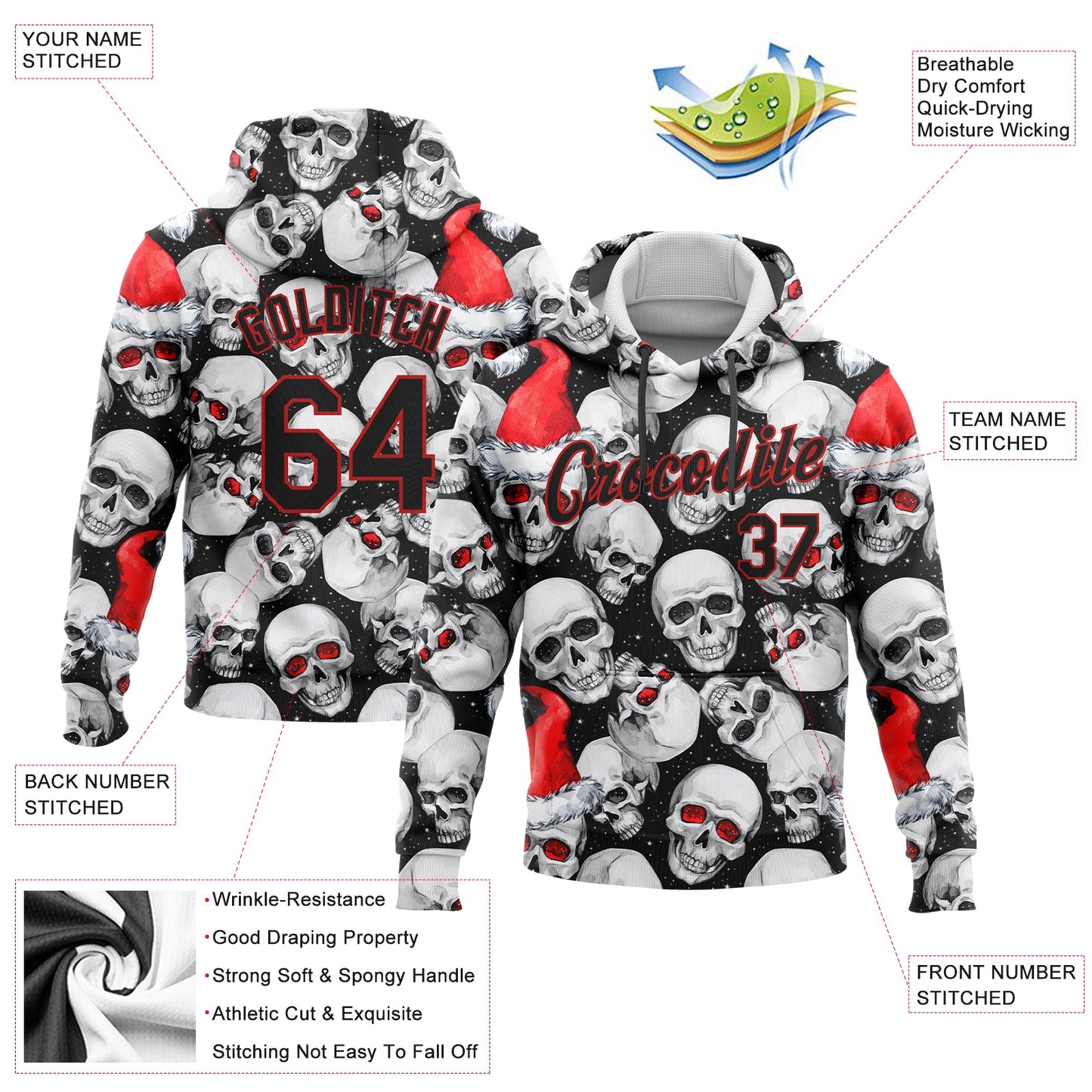 Custom Stitched White Black-Red 3D Skulls And Christmas Santa's Hat Sports Pullover Sweatshirt Hoodie view 2