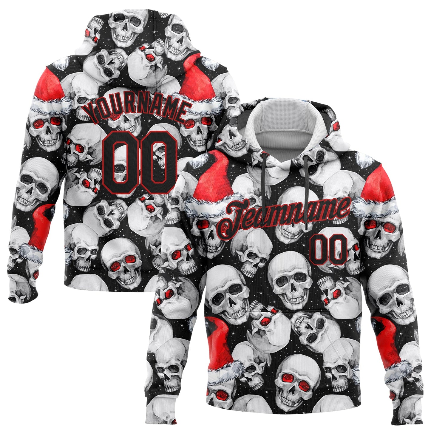 Custom Stitched White Black-Red 3D Skulls And Christmas Santa's Hat Sports Pullover Sweatshirt Hoodie - Main View