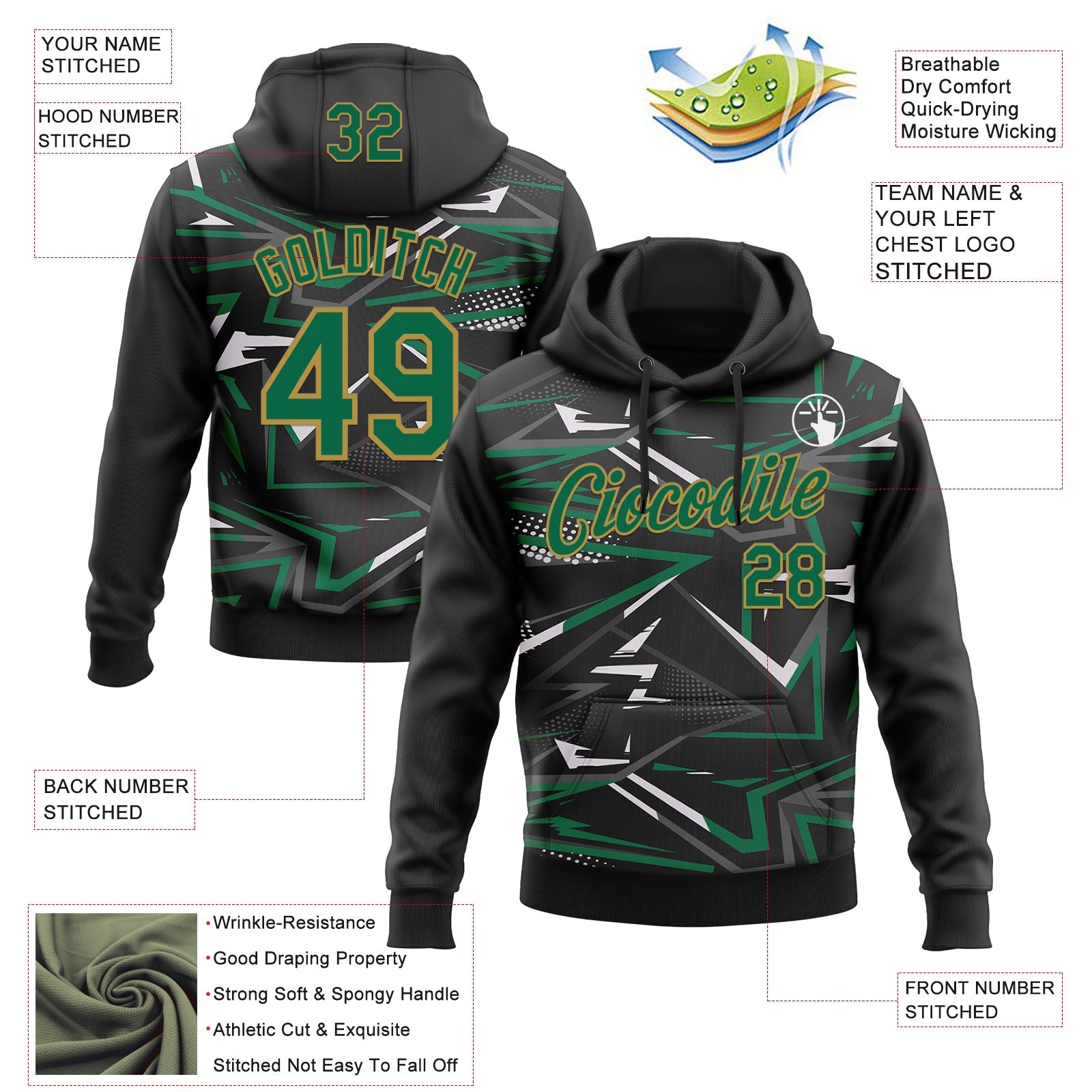 Custom Stitched Black Kelly Green Old Gold-White 3D Pattern Design Line Sports Pullover Sweatshirt Hoodie view 2
