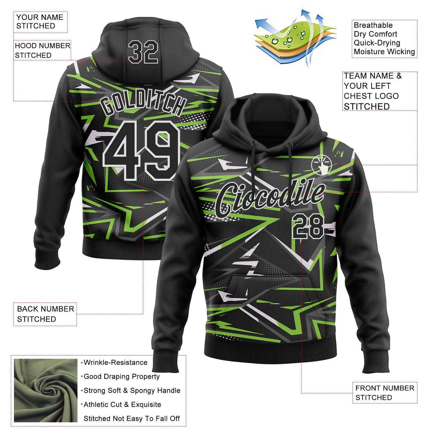 Custom Stitched Black Neon Green-White 3D Pattern Design Line Sports Pullover Sweatshirt Hoodie view 2