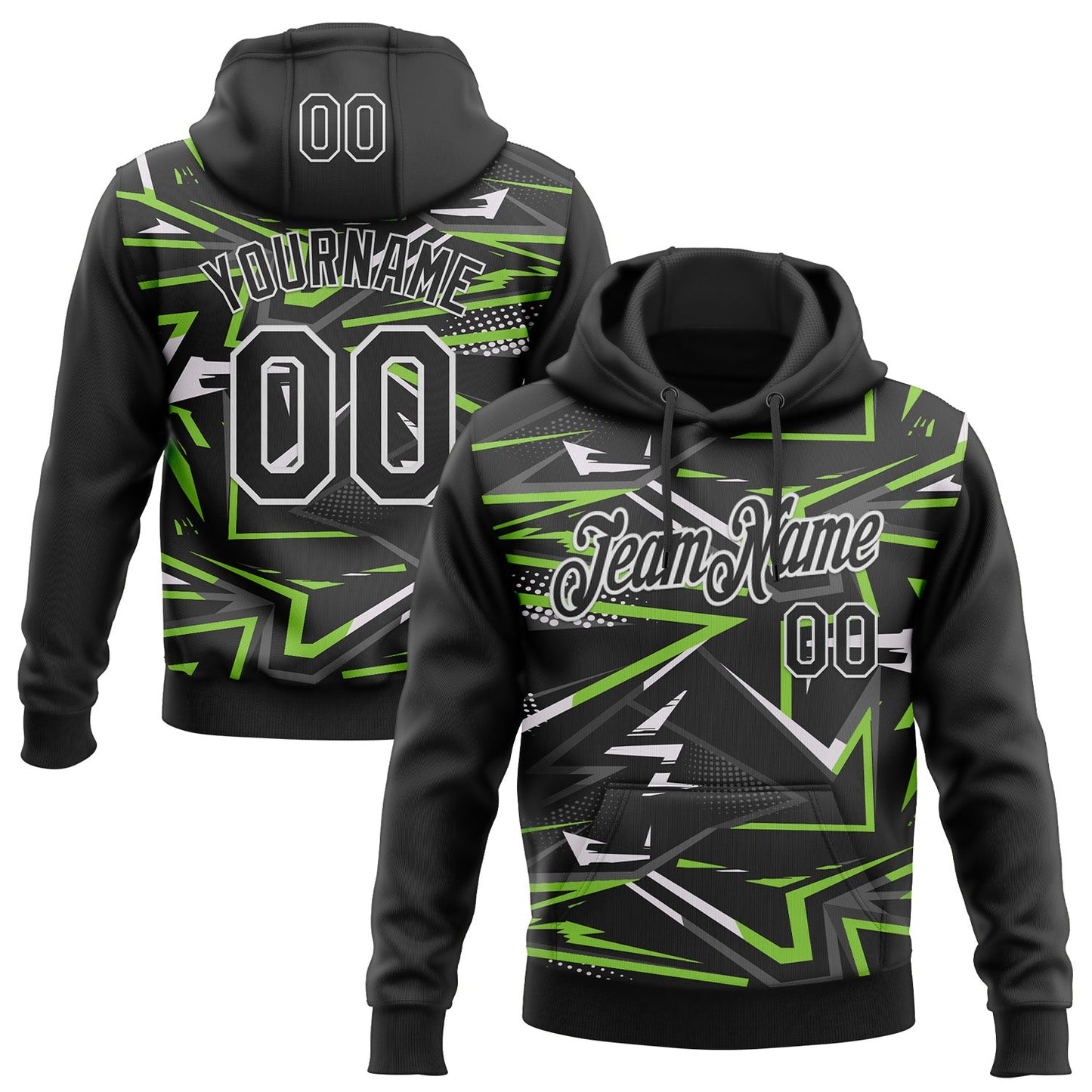 Custom Stitched Black Neon Green-White 3D Pattern Design Line Sports Pullover Sweatshirt Hoodie - Main View