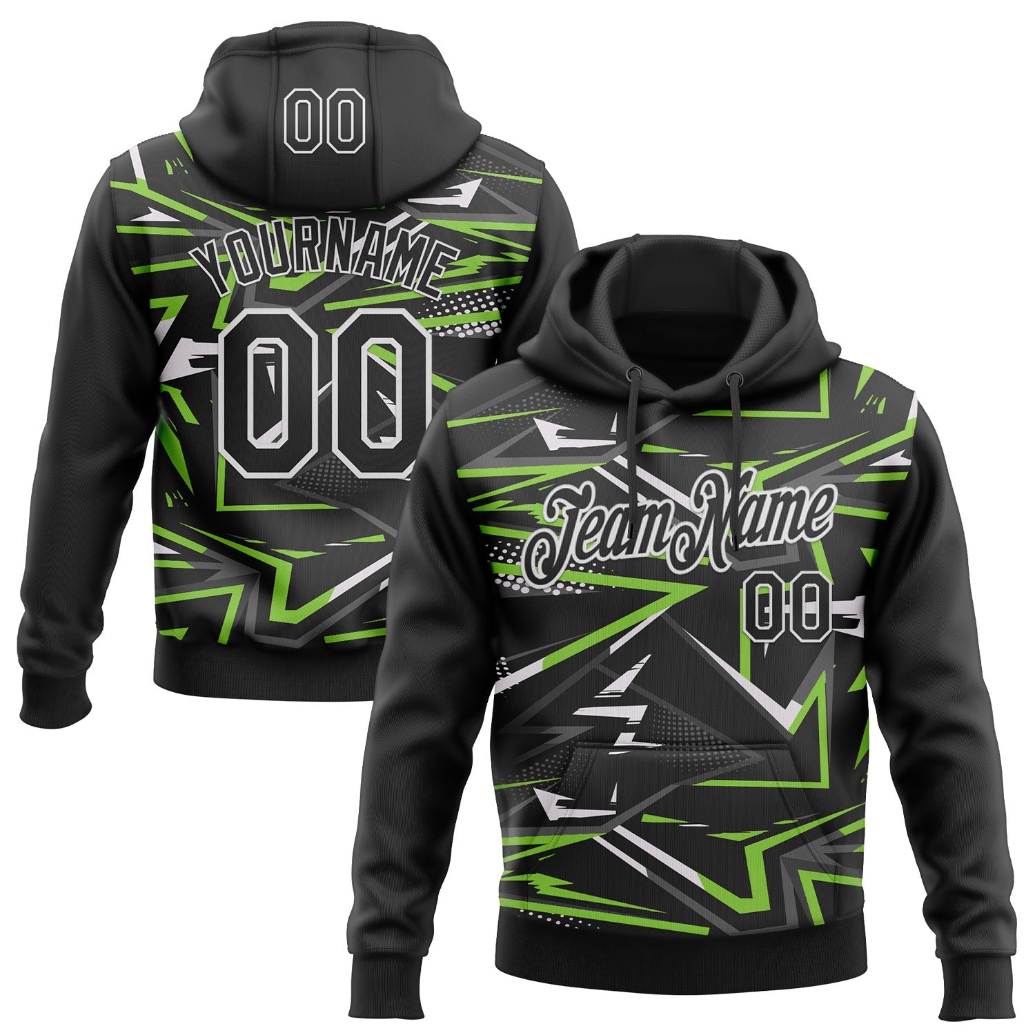 Custom Stitched Black Neon Green-White 3D Pattern Design Line Sports Pullover Sweatshirt Hoodie - Main View