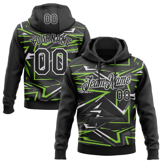 Custom Stitched Black Neon Green-White 3D Pattern Design Line Sports Pullover Sweatshirt Hoodie - Main View