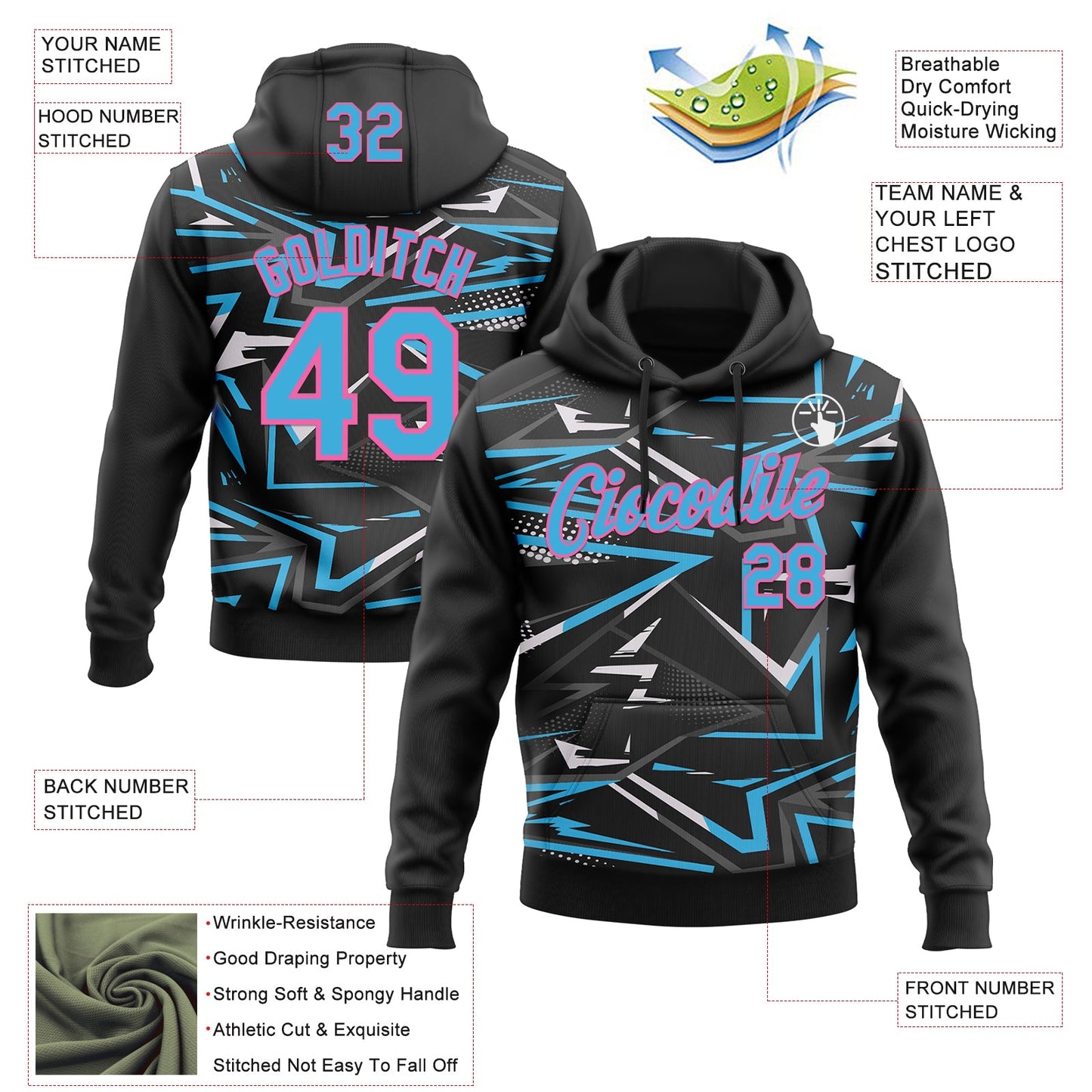 Custom Stitched Black Sky Blue Pink-White 3D Pattern Design Line Sports Pullover Sweatshirt Hoodie view 2