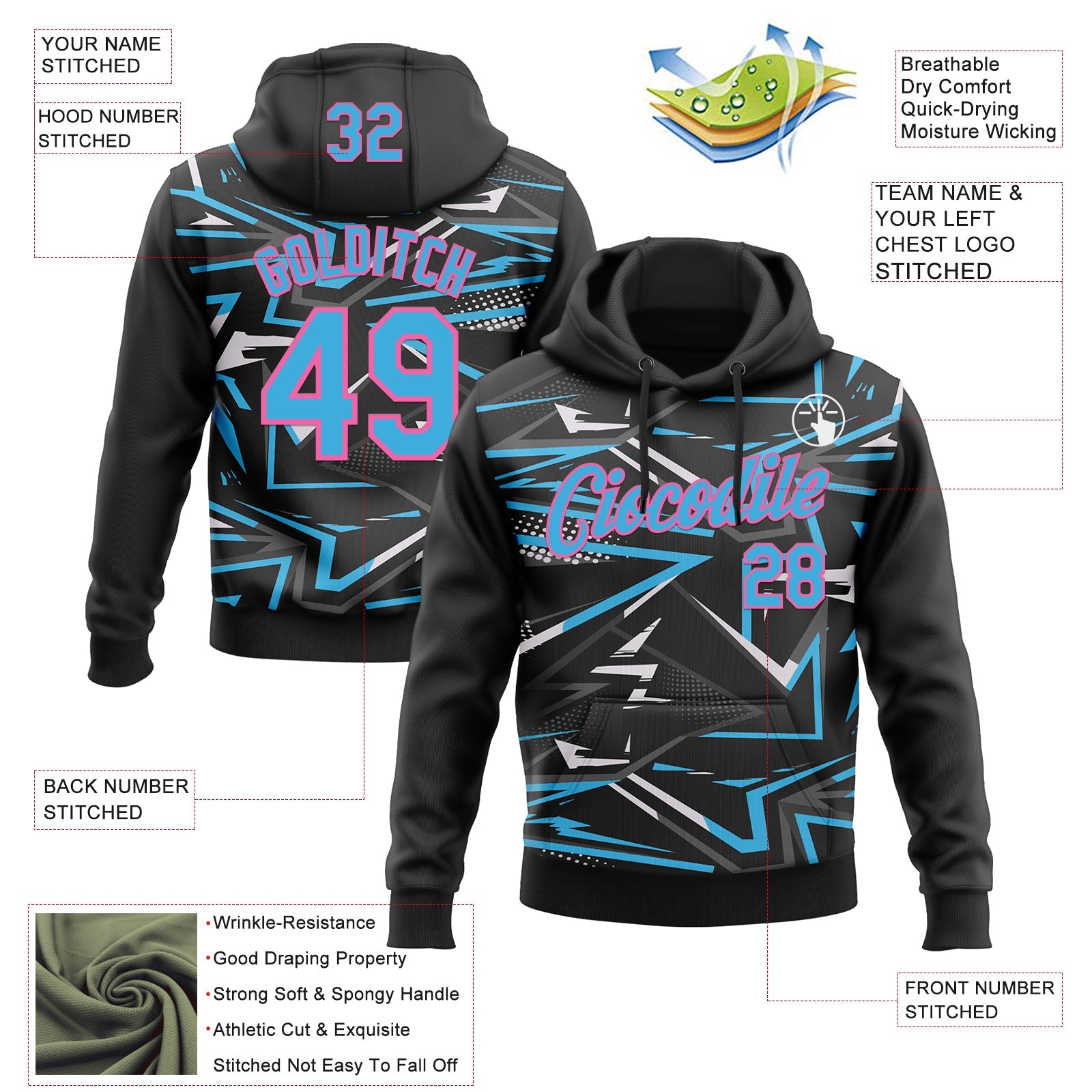 Custom Stitched Black Sky Blue Pink-White 3D Pattern Design Line Sports Pullover Sweatshirt Hoodie view 2