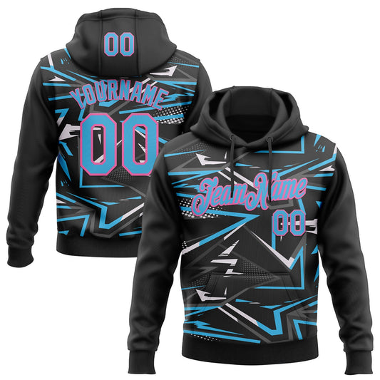 Custom Stitched Black Sky Blue Pink-White 3D Pattern Design Line Sports Pullover Sweatshirt Hoodie - Main View