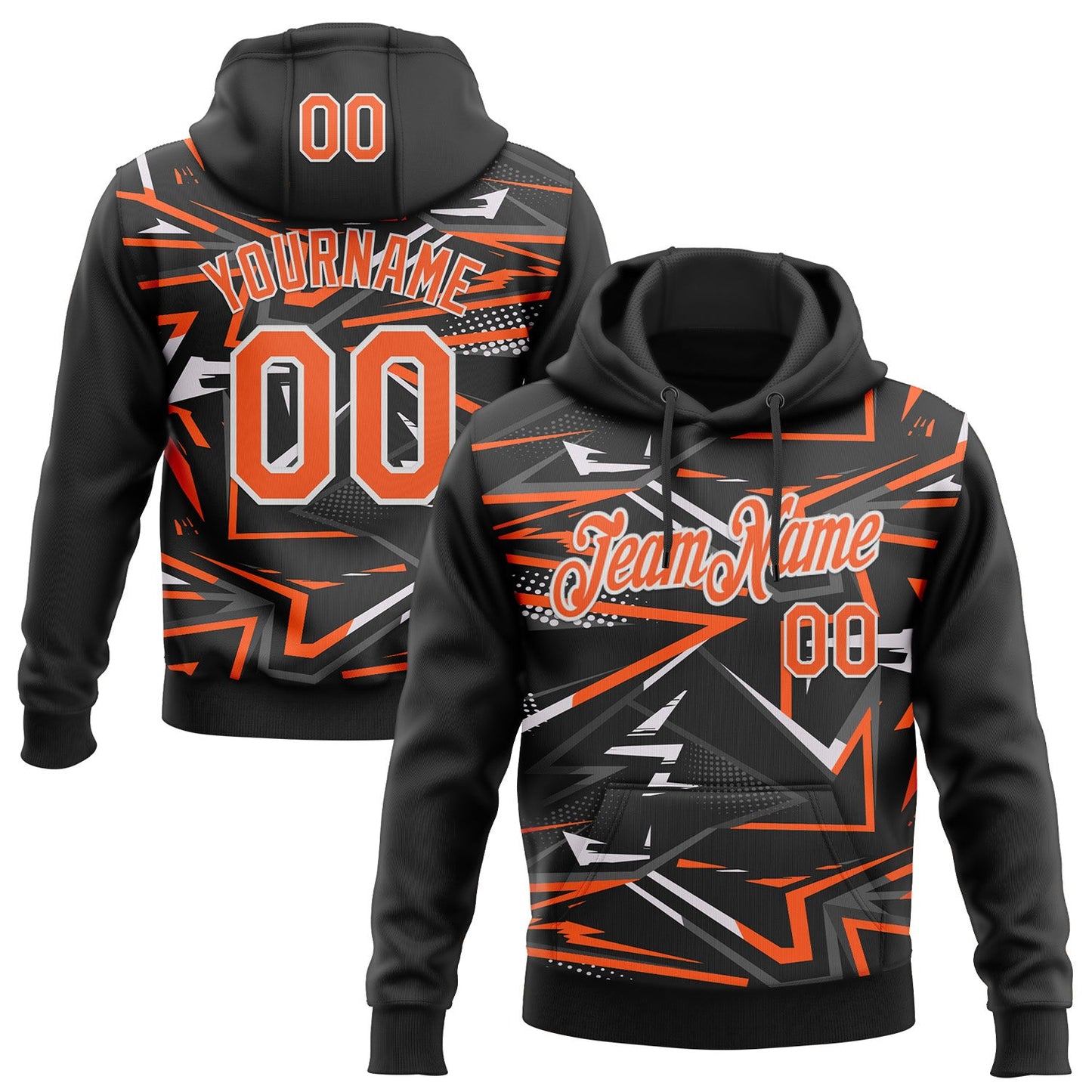 Custom Stitched Black Orange-White 3D Pattern Design Line Sports Pullover Sweatshirt Hoodie - Main View