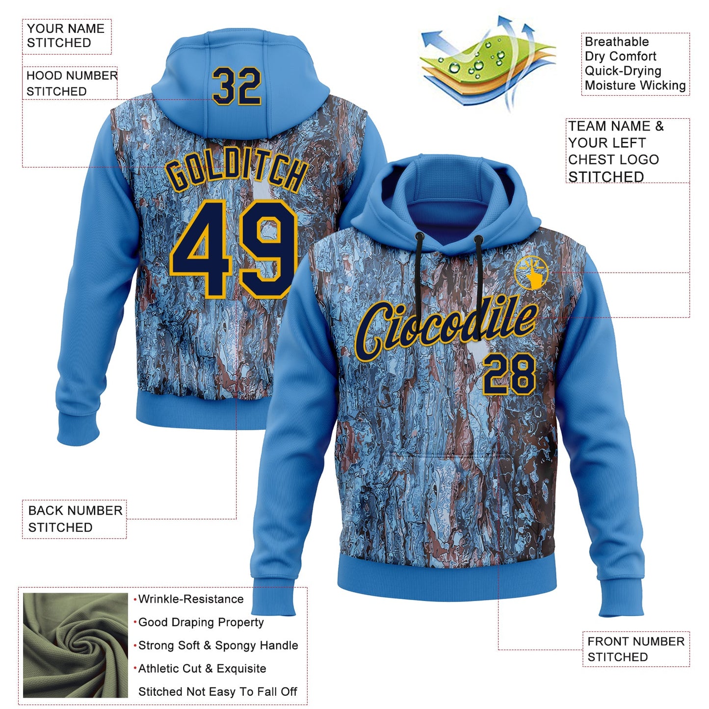 Custom Stitched Blue Navy-Gold 3D Pattern Design Tree Camo Hunting Sports Pullover Sweatshirt Hoodie view 2