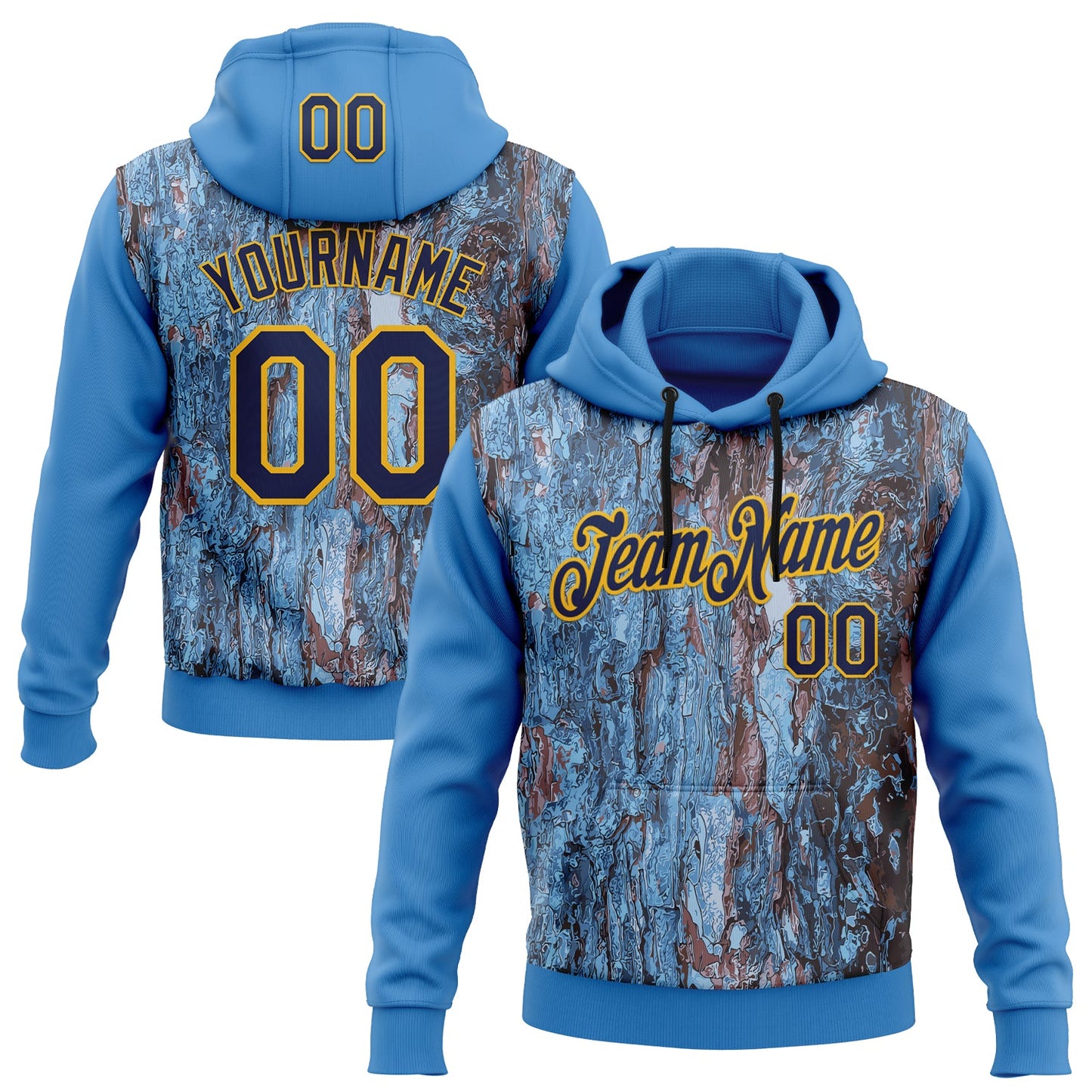 Custom Stitched Blue Navy-Gold 3D Pattern Design Tree Camo Hunting Sports Pullover Sweatshirt Hoodie - Main View