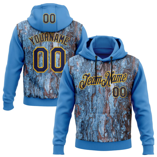 Custom Stitched Blue Navy-Gold 3D Pattern Design Tree Camo Hunting Sports Pullover Sweatshirt Hoodie - Main View