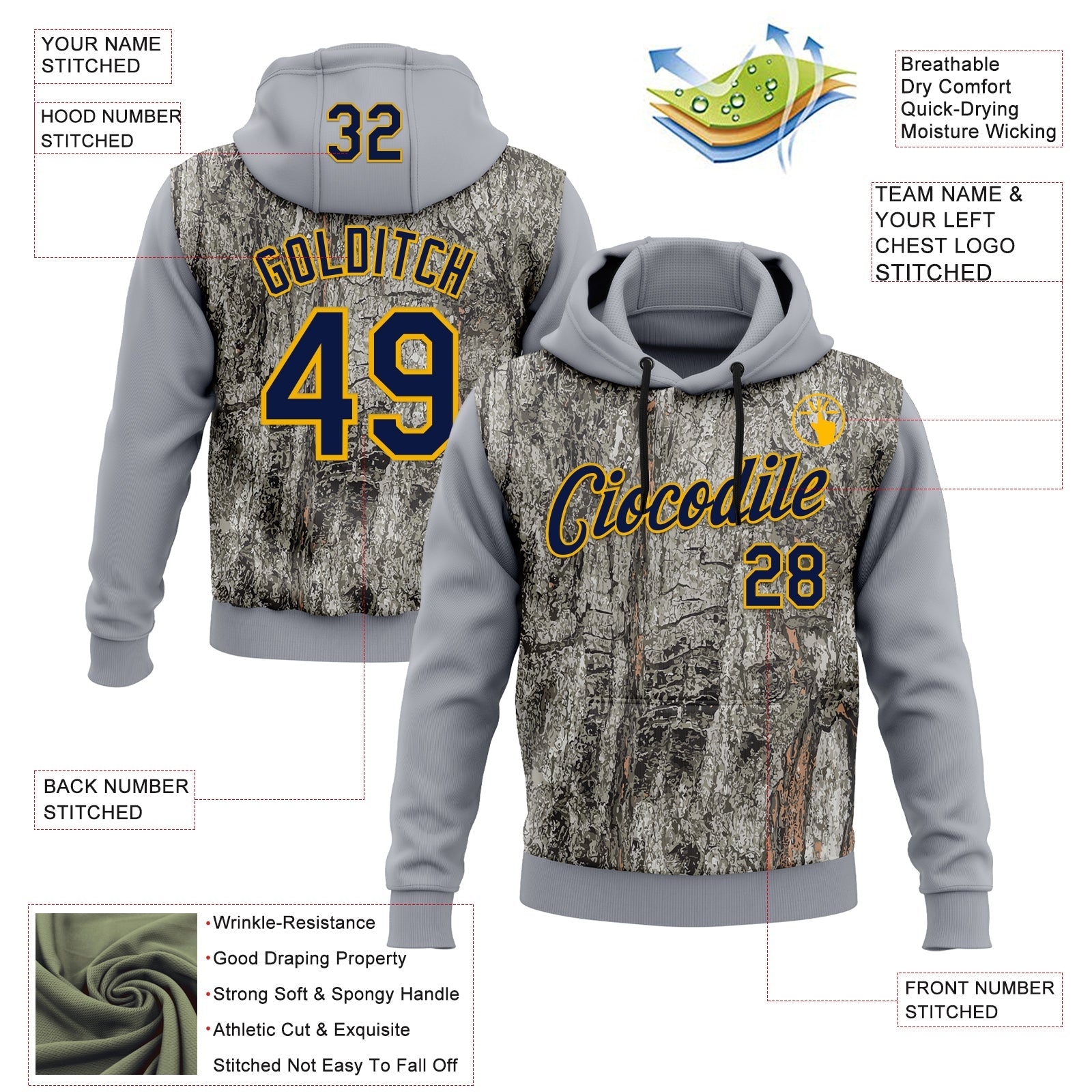 Custom Stitched Gray Navy-Gold 3D Pattern Design Tree Camo Hunting Sports Pullover Sweatshirt Hoodie view 2