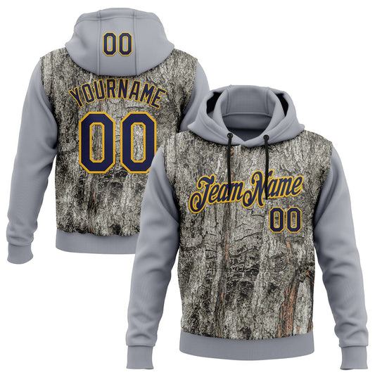 Custom Stitched Gray Navy-Gold 3D Pattern Design Tree Camo Hunting Sports Pullover Sweatshirt Hoodie - Main View