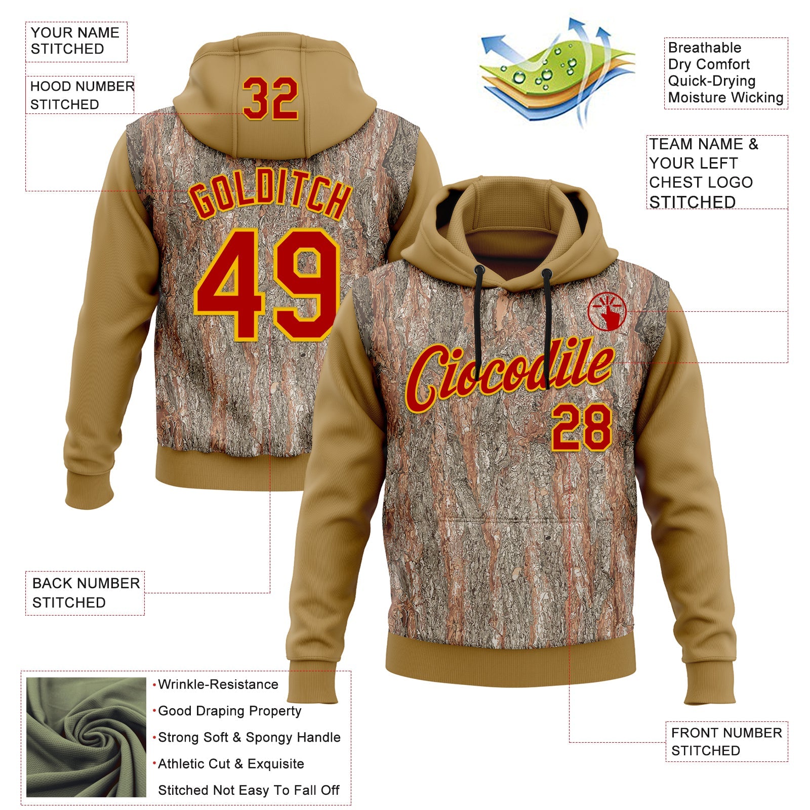 Custom Stitched Old Gold Red-Yellow 3D Pattern Design Tree Camo Hunting Sports Pullover Sweatshirt Hoodie view 2