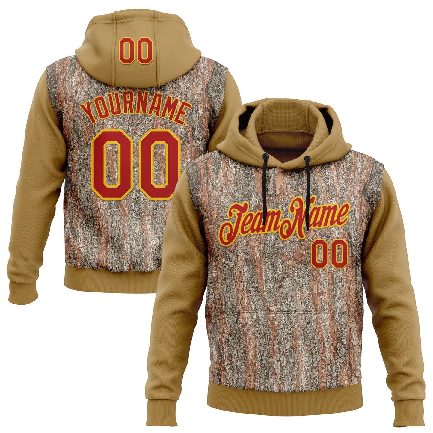Custom Stitched Old Gold Red-Yellow 3D Pattern Design Tree Camo Hunting Sports Pullover Sweatshirt Hoodie - Main View