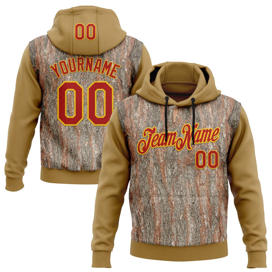 Custom Stitched Old Gold Red-Yellow 3D Pattern Design Tree Camo Hunting Sports Pullover Sweatshirt Hoodie - Main View