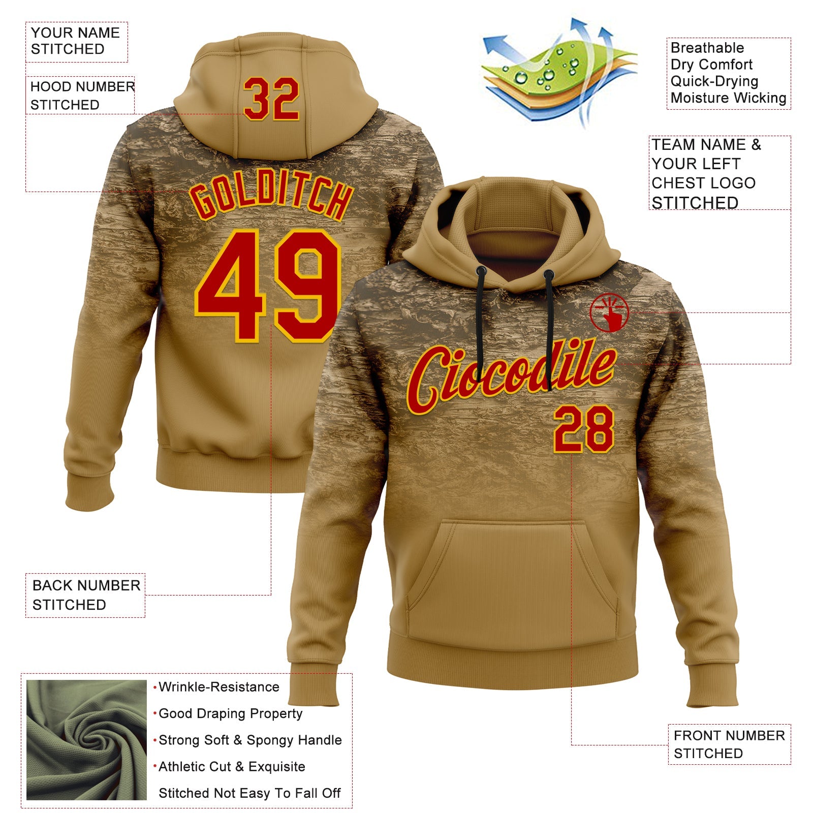 Custom Stitched Old Gold Red-Yellow 3D Pattern Design Tree Camo Gradient Hunting Sports Pullover Sweatshirt Hoodie view 2