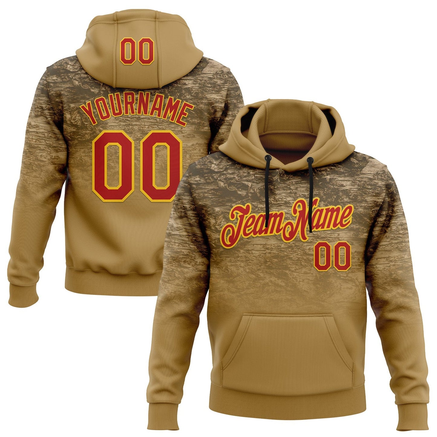 Custom Stitched Old Gold Red-Yellow 3D Pattern Design Tree Camo Gradient Hunting Sports Pullover Sweatshirt Hoodie - Main View