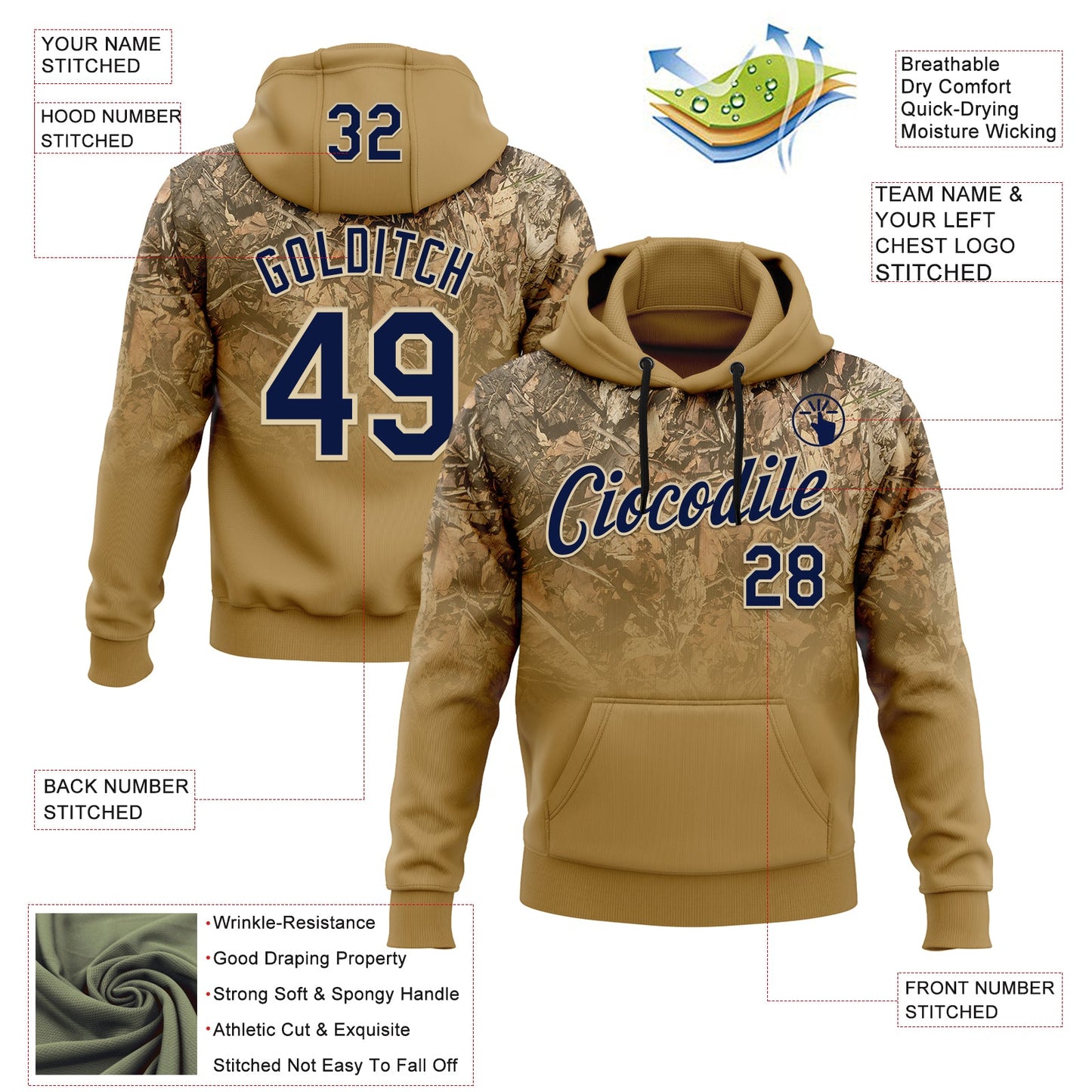 Custom Stitched Old Gold Navy-Cream 3D Pattern Design Tree Camo Gradient Hunting Sports Pullover Sweatshirt Hoodie view 2