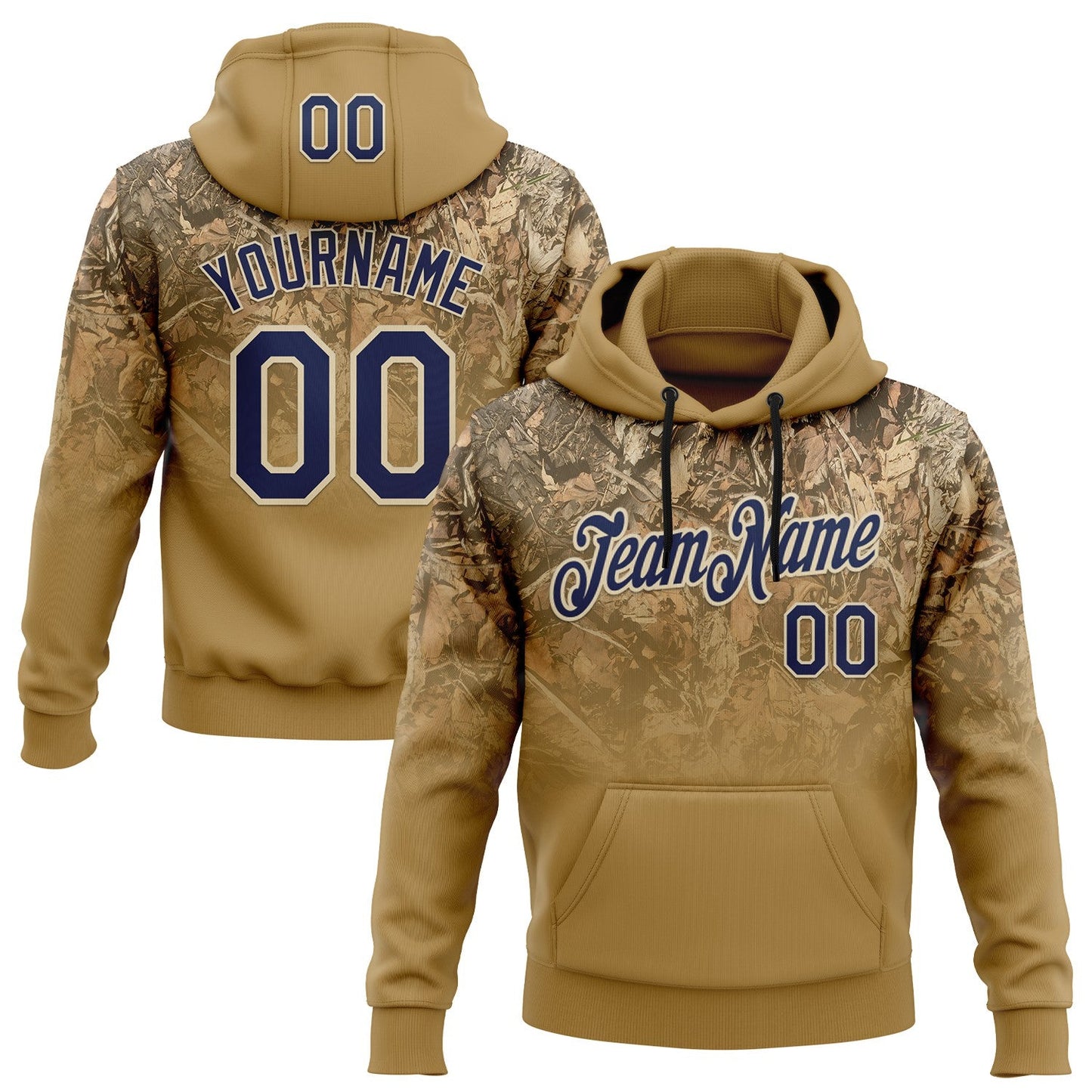 Custom Stitched Old Gold Navy-Cream 3D Pattern Design Tree Camo Gradient Hunting Sports Pullover Sweatshirt Hoodie - Main View