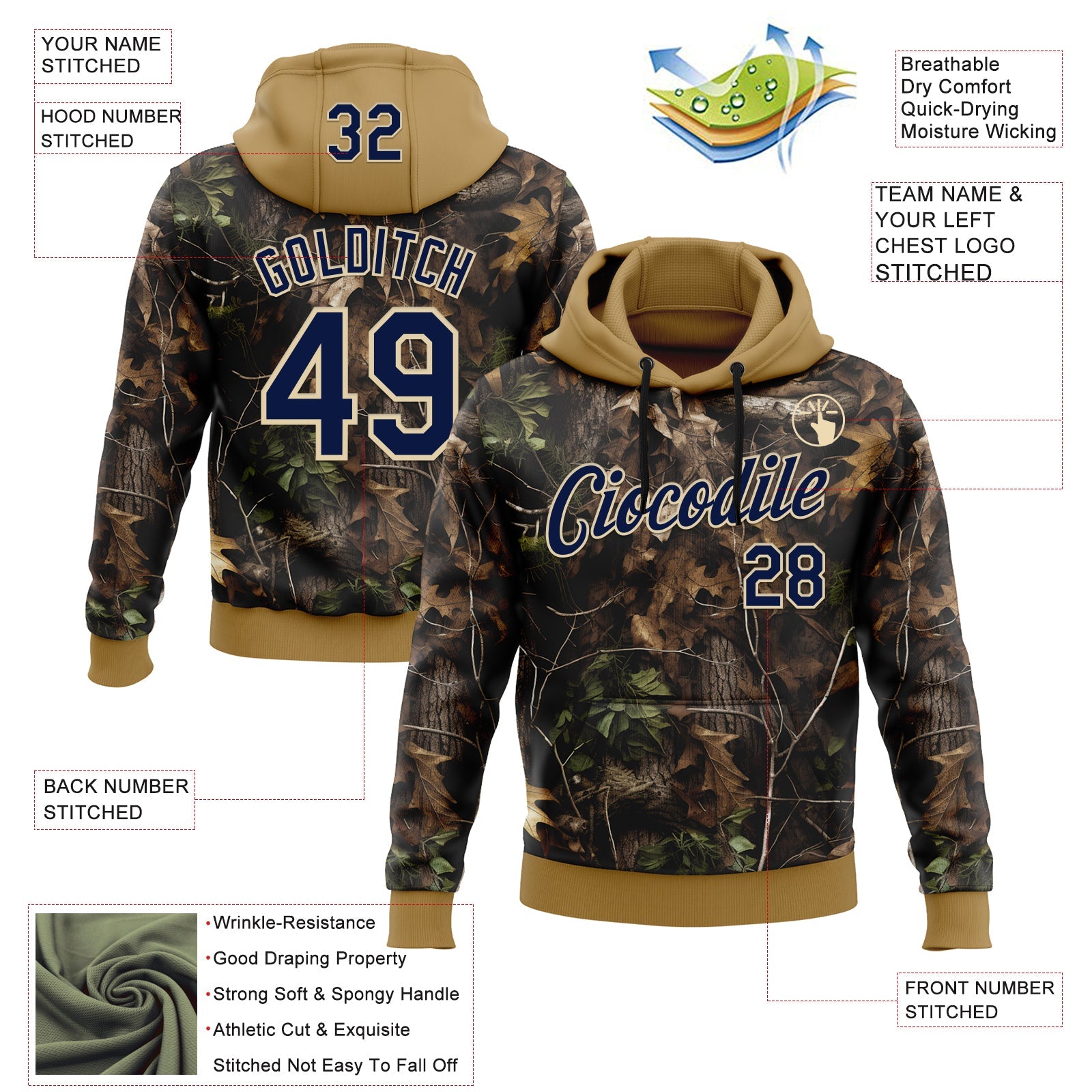 Custom Stitched Black Navy Old Gold-Cream 3D Pattern Design Tree Camo Hunting Sports Pullover Sweatshirt Hoodie view 2