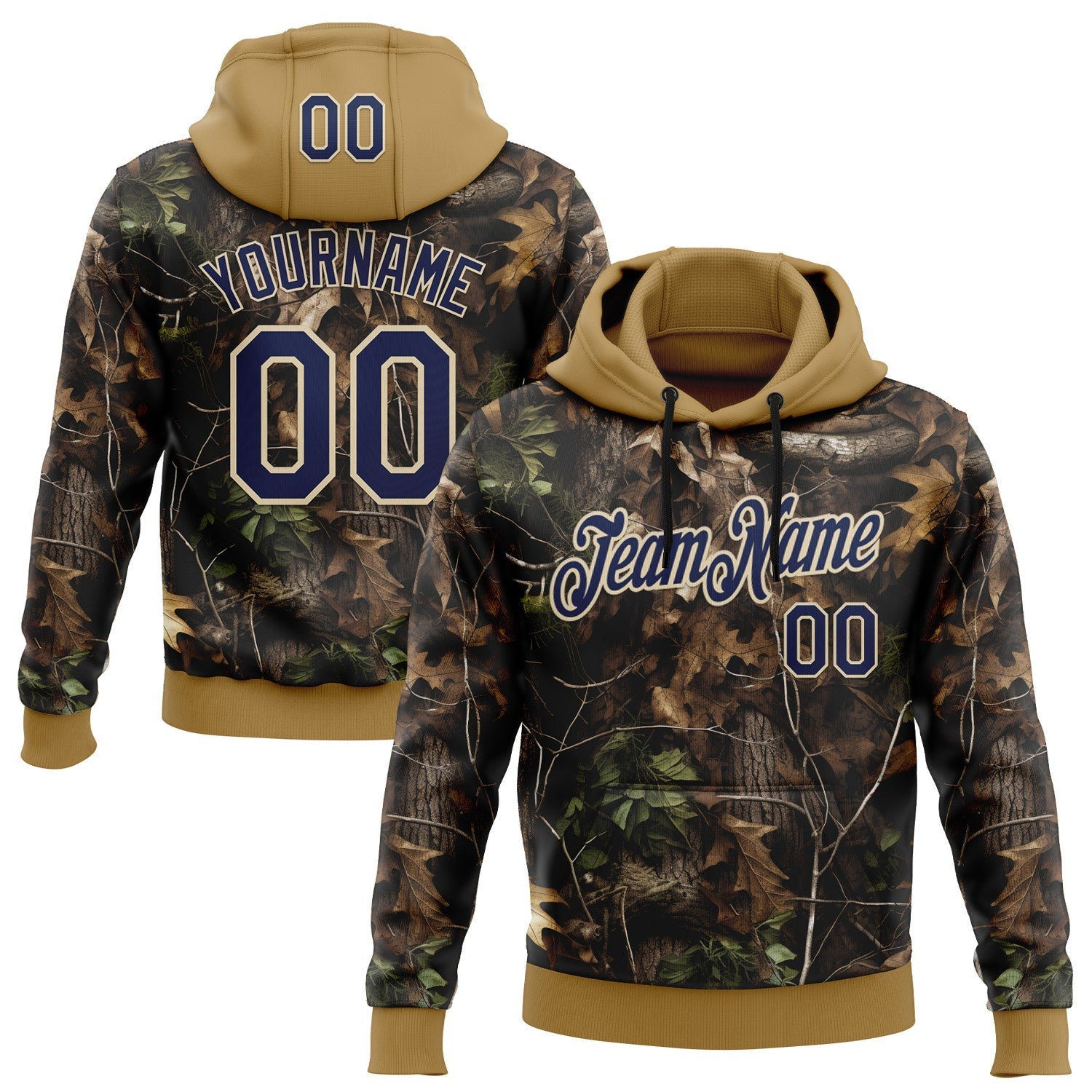 Custom Stitched Black Navy Old Gold-Cream 3D Pattern Design Tree Camo Hunting Sports Pullover Sweatshirt Hoodie - Main View