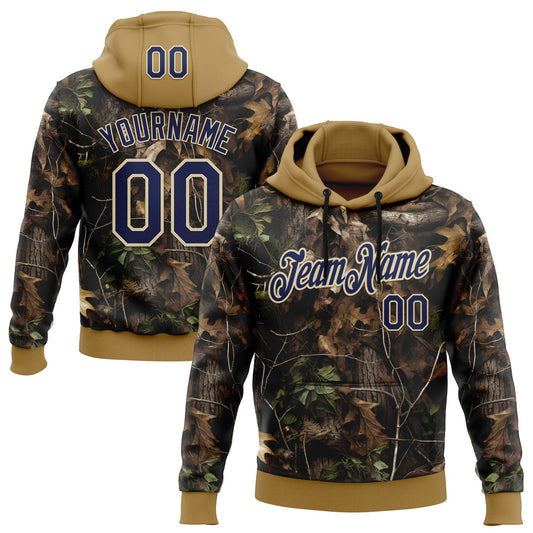 Custom Stitched Black Navy Old Gold-Cream 3D Pattern Design Tree Camo Hunting Sports Pullover Sweatshirt Hoodie - Main View