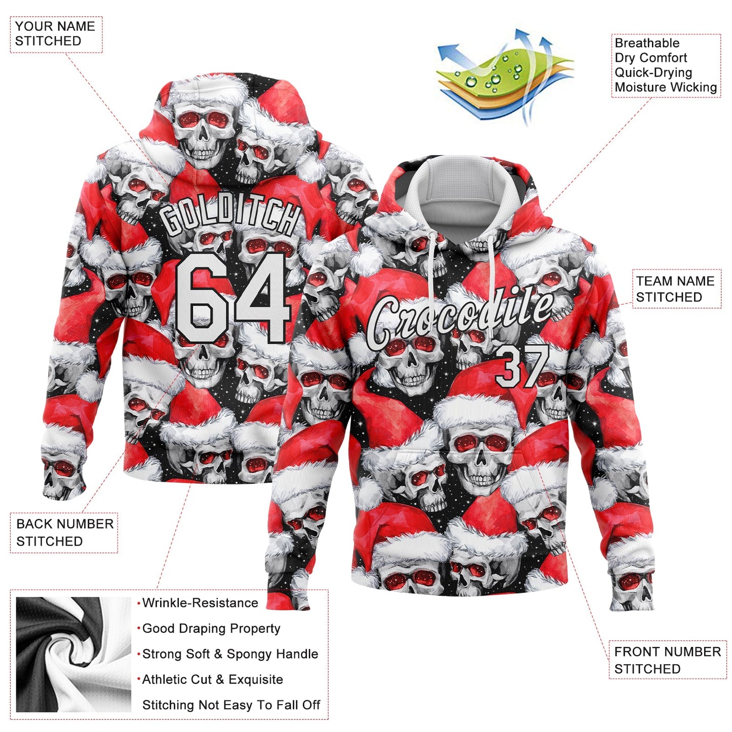 Custom Stitched Red White-Black 3D Skulls And Christmas Santa's Hat Sports Pullover Sweatshirt Hoodie view 2