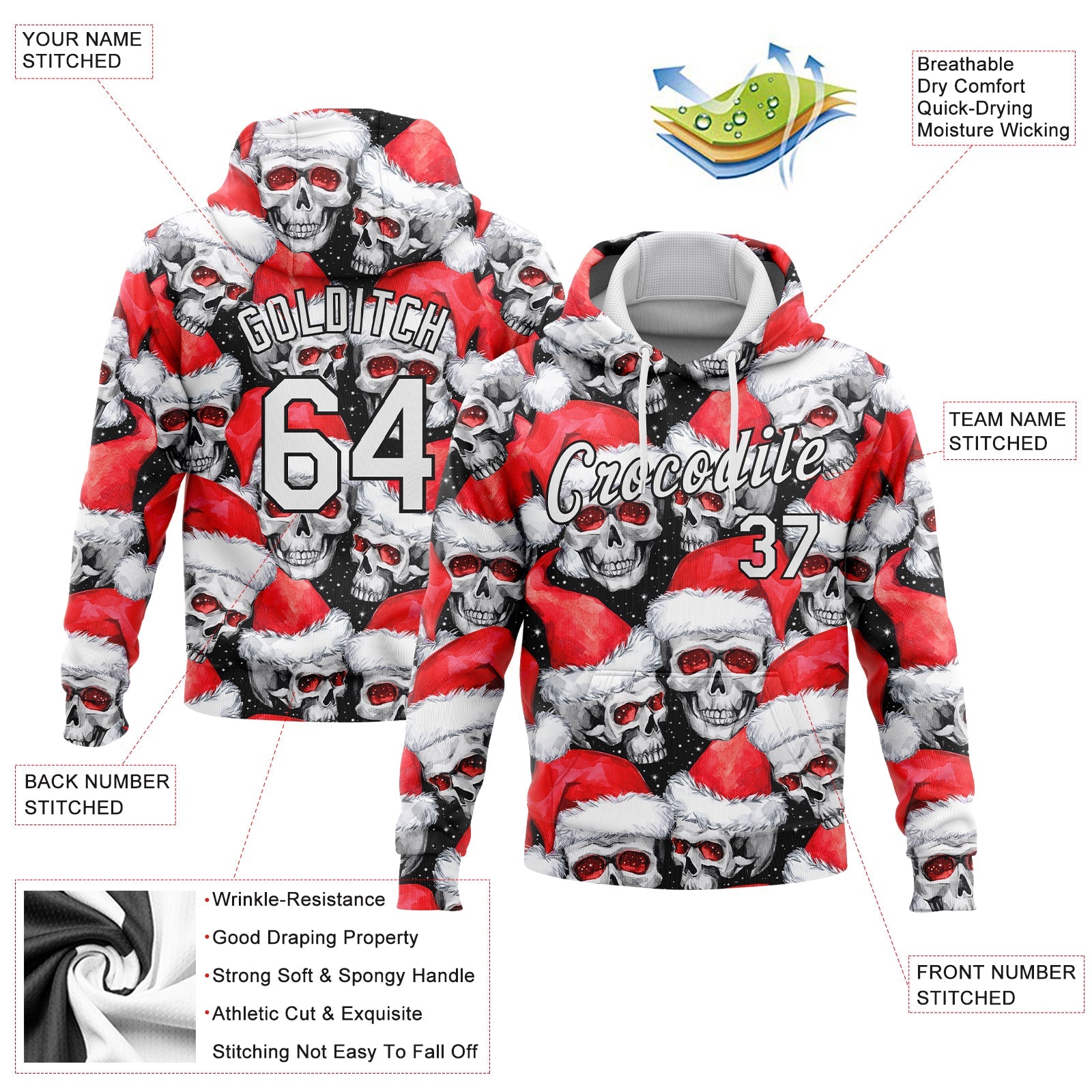 Custom Stitched Red White-Black 3D Skulls And Christmas Santa's Hat Sports Pullover Sweatshirt Hoodie view 2