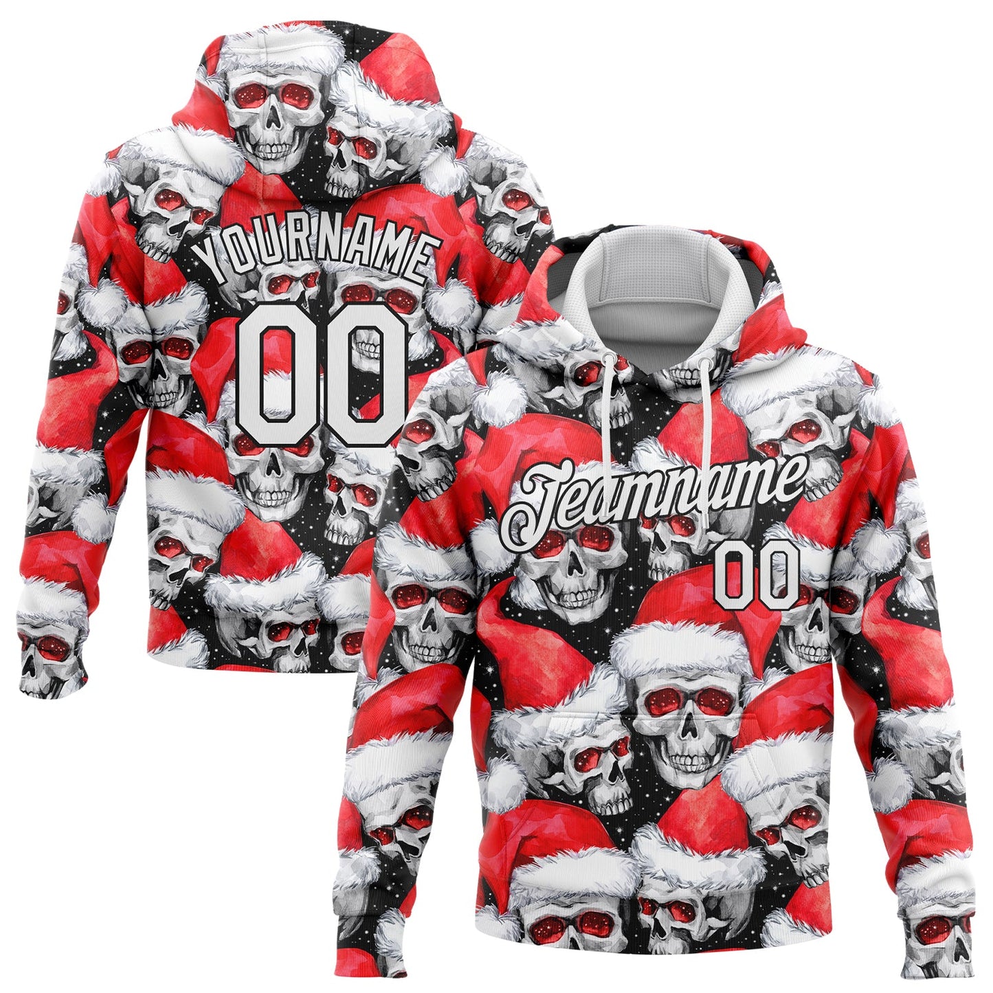 Custom Stitched Red White-Black 3D Skulls And Christmas Santa's Hat Sports Pullover Sweatshirt Hoodie - Main View