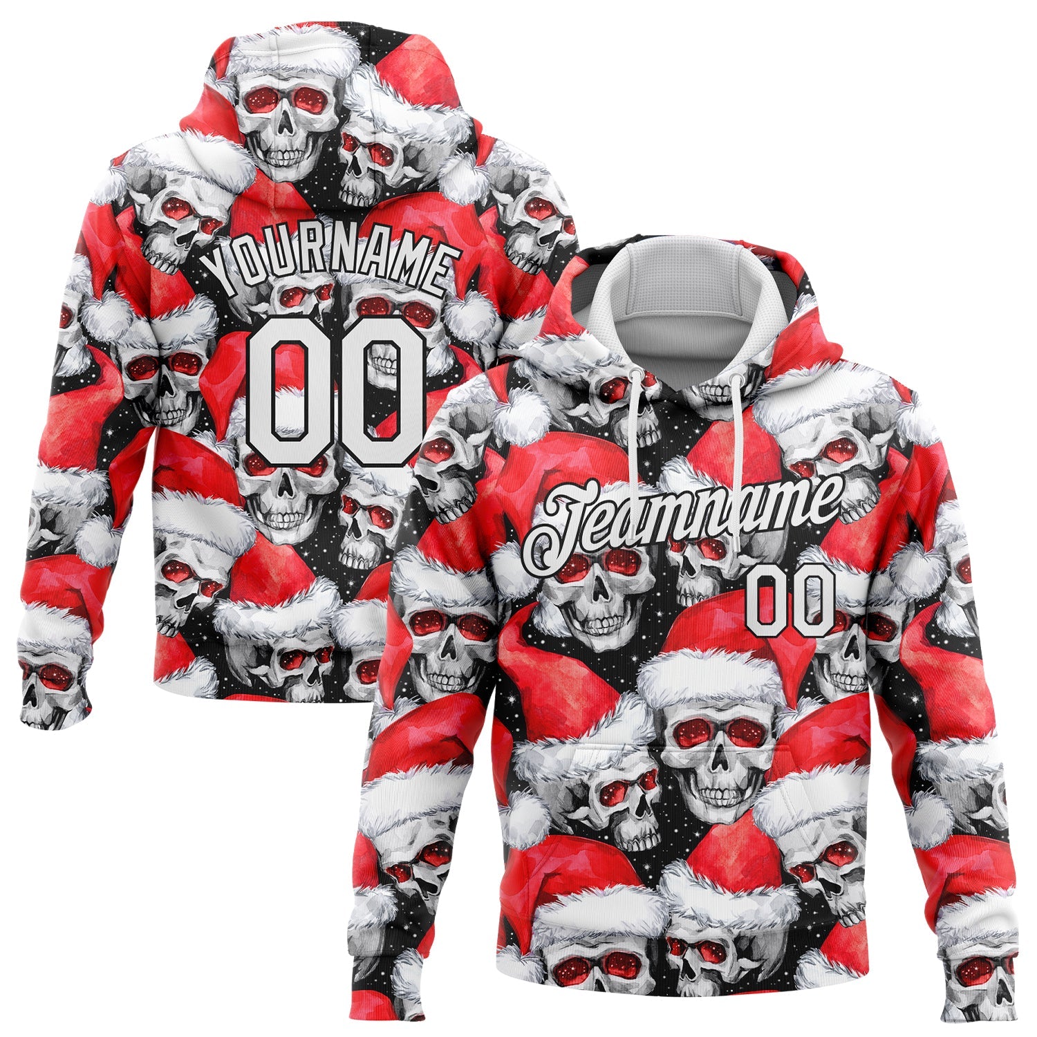 Custom Stitched Red White-Black 3D Skulls And Christmas Santa's Hat Sports Pullover Sweatshirt Hoodie - Main View