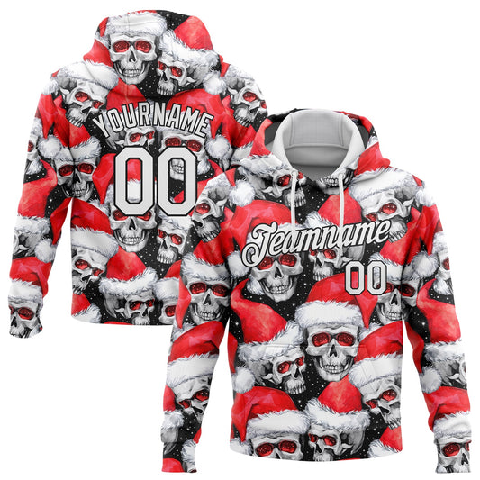 Custom Stitched Red White-Black 3D Skulls And Christmas Santa's Hat Sports Pullover Sweatshirt Hoodie - Main View
