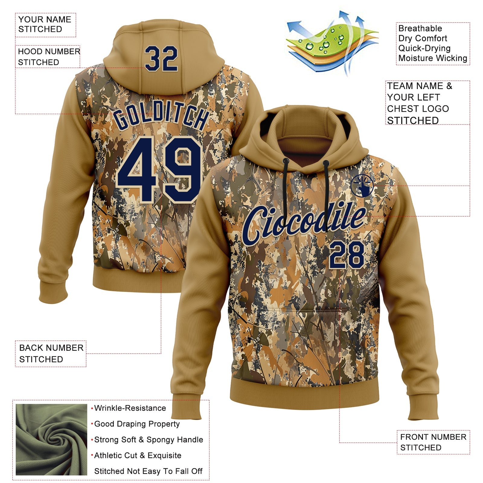 Custom Stitched Old Gold Navy-Cream 3D Pattern Design Tree Camo Hunting Sports Pullover Sweatshirt Hoodie view 2