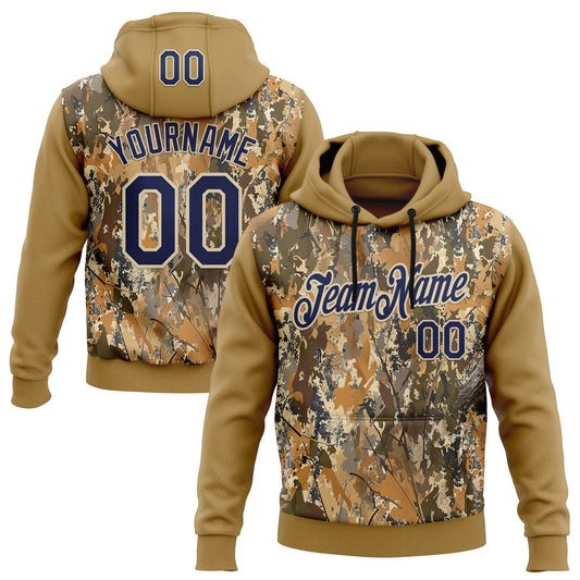 Custom Stitched Old Gold Navy-Cream 3D Pattern Design Tree Camo Hunting Sports Pullover Sweatshirt Hoodie - Main View