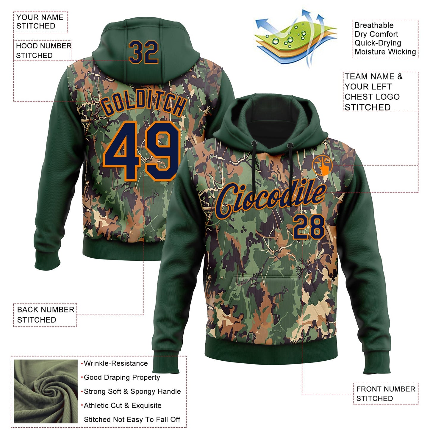 Custom Stitched Green Navy-Bay Orange 3D Pattern Design Tree Camo Hunting Sports Pullover Sweatshirt Hoodie view 2