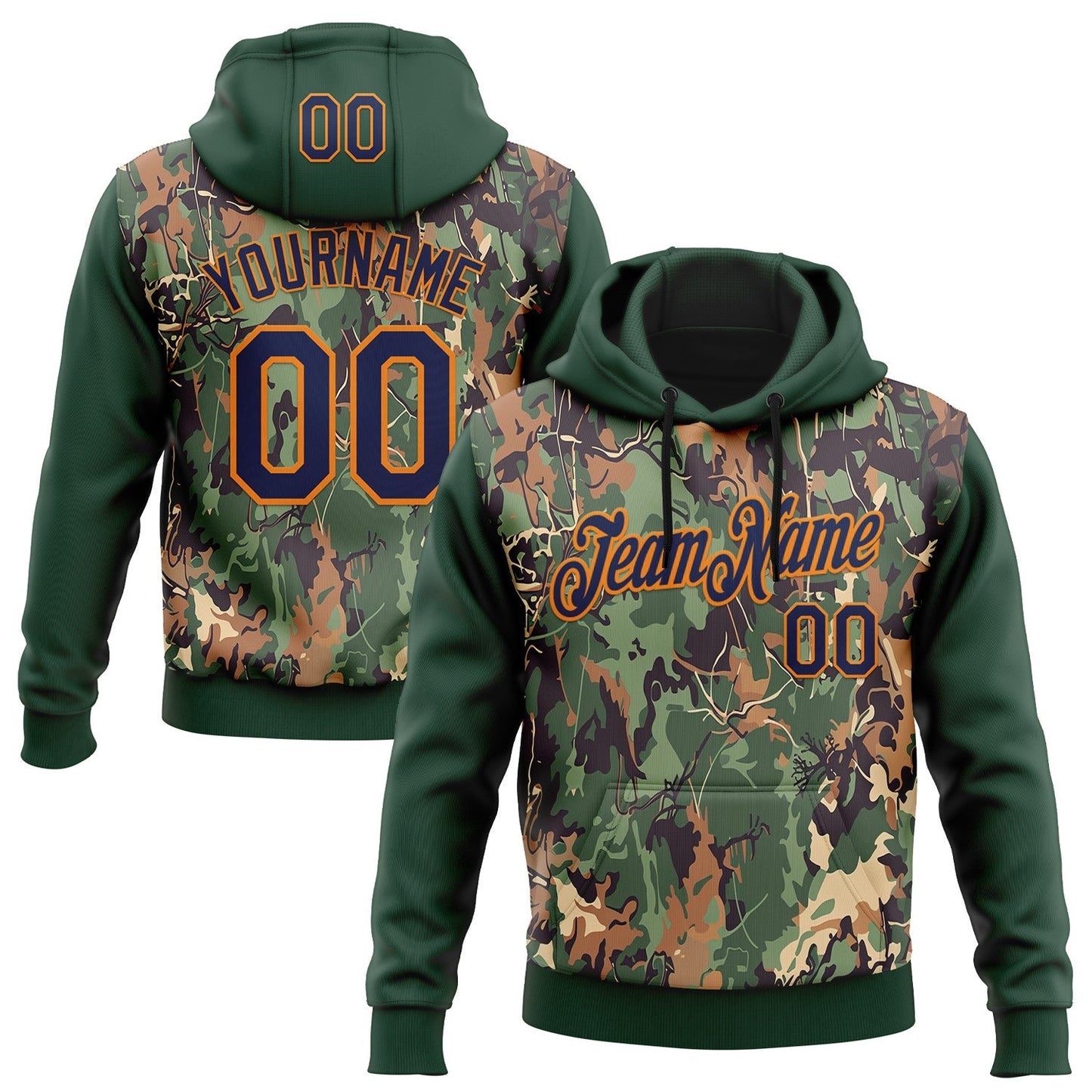Custom Stitched Green Navy-Bay Orange 3D Pattern Design Tree Camo Hunting Sports Pullover Sweatshirt Hoodie - Main View