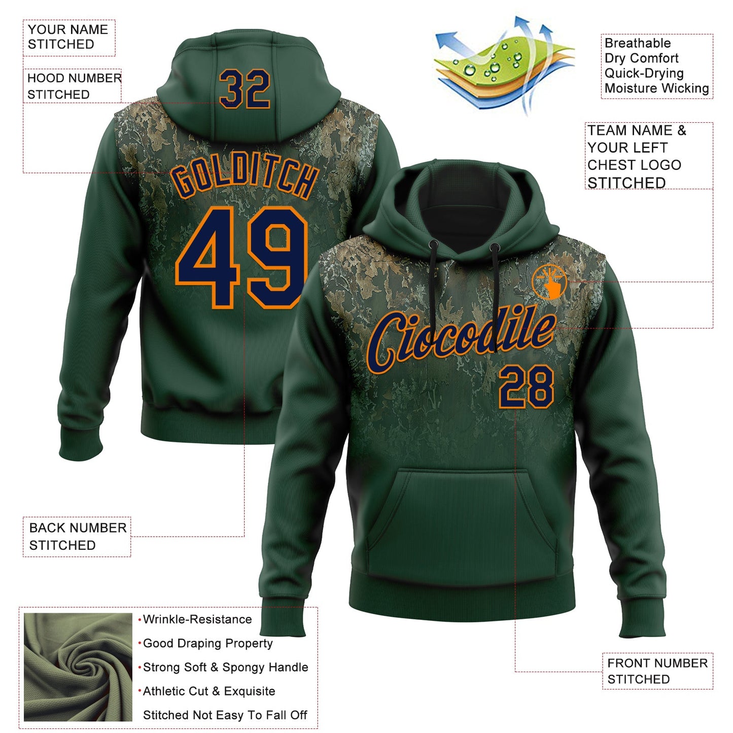 Custom Stitched Green Navy-Bay Orange 3D Pattern Design Tree Camo Gradient Hunting Sports Pullover Sweatshirt Hoodie view 2