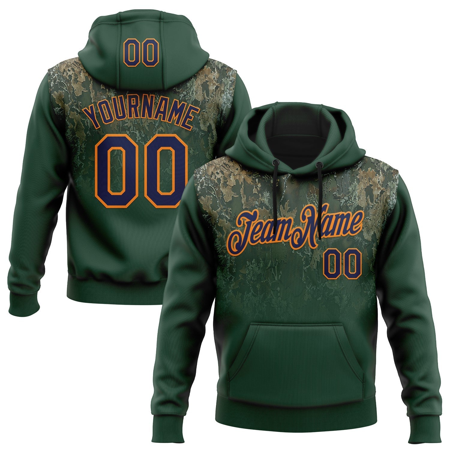 Custom Stitched Green Navy-Bay Orange 3D Pattern Design Tree Camo Gradient Hunting Sports Pullover Sweatshirt Hoodie - Main View