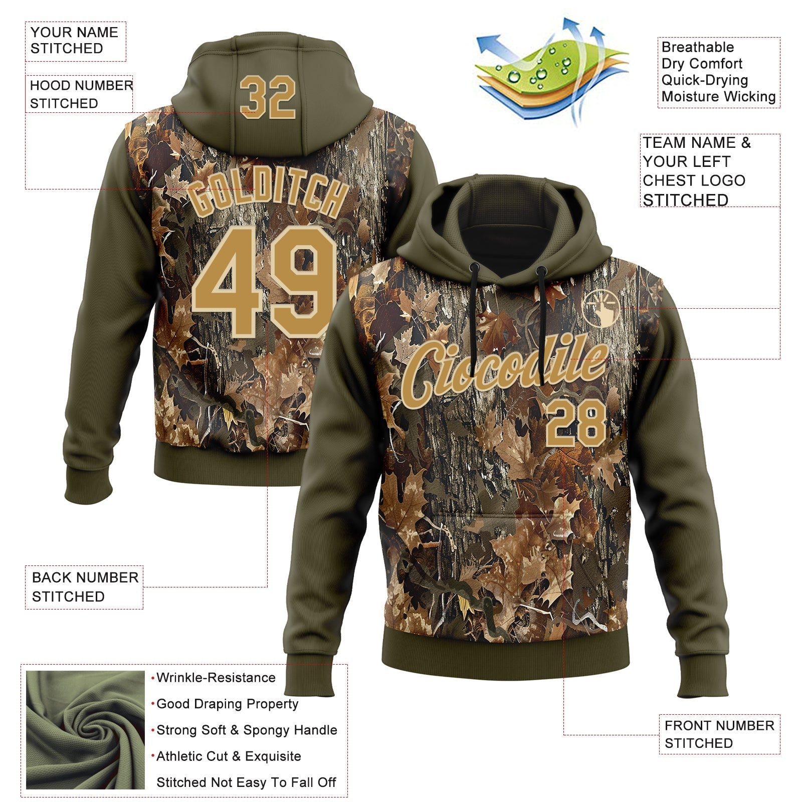 Custom Stitched Olive Old Gold-Cream 3D Pattern Design Tree Camo Hunting Sports Pullover Sweatshirt Salute To Service Hoodie view 2