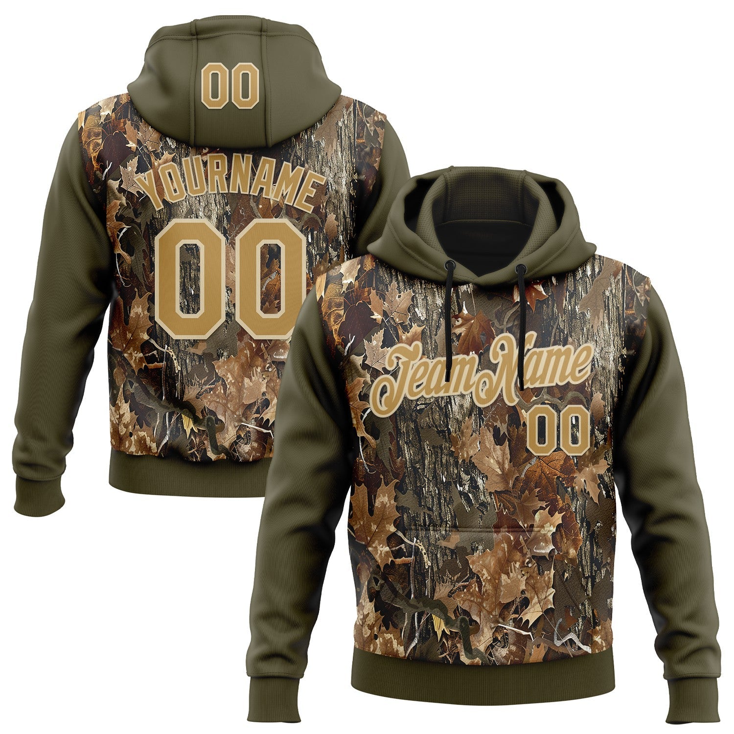 Custom Stitched Olive Old Gold-Cream 3D Pattern Design Tree Camo Hunting Sports Pullover Sweatshirt Salute To Service Hoodie - Main View