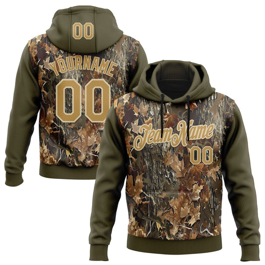 Custom Stitched Olive Old Gold-Cream 3D Pattern Design Tree Camo Hunting Sports Pullover Sweatshirt Salute To Service Hoodie - Main View