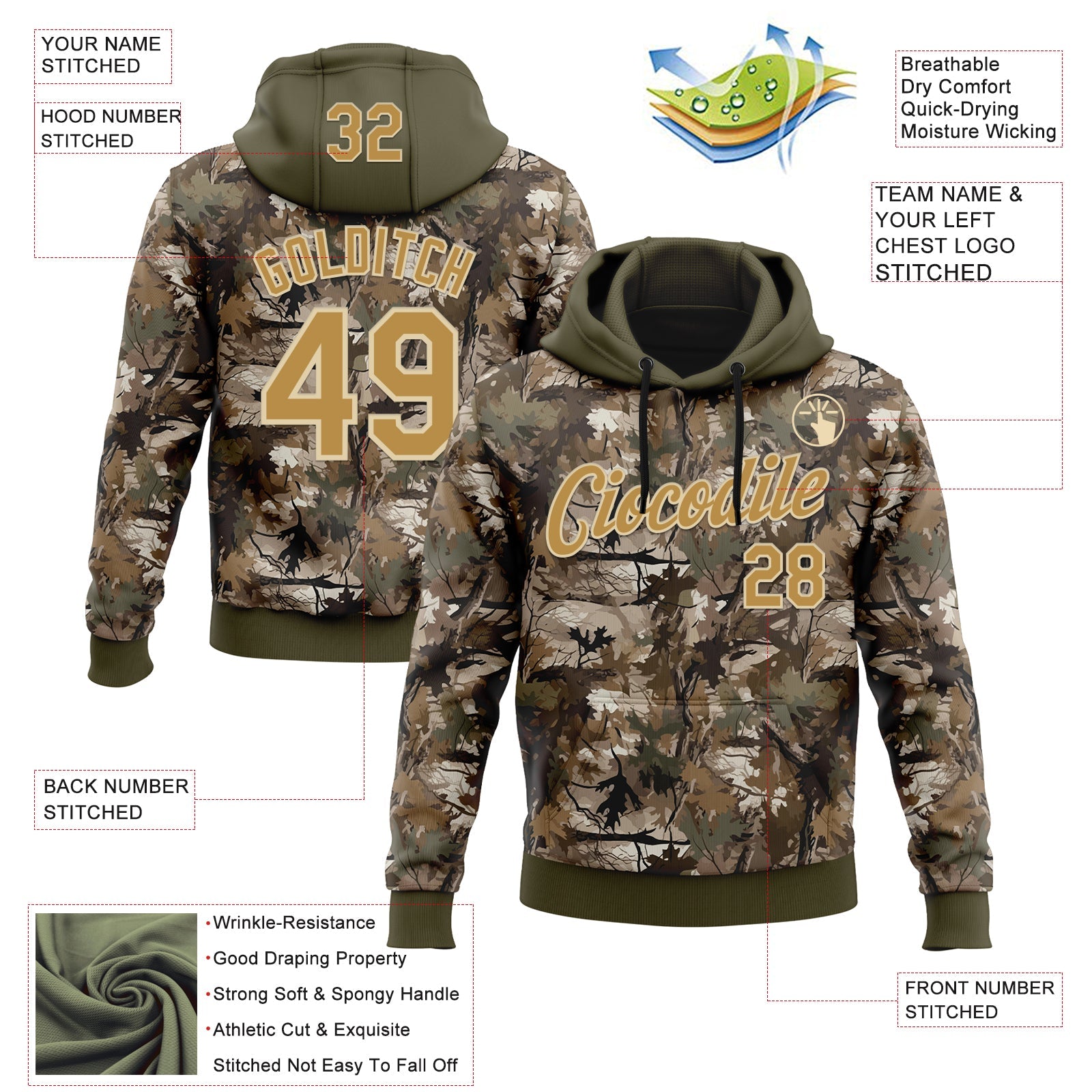 Custom Stitched Olive Old Gold-Cream 3D Pattern Design Tree Camo Hunting Sports Pullover Sweatshirt Salute To Service Hoodie view 2