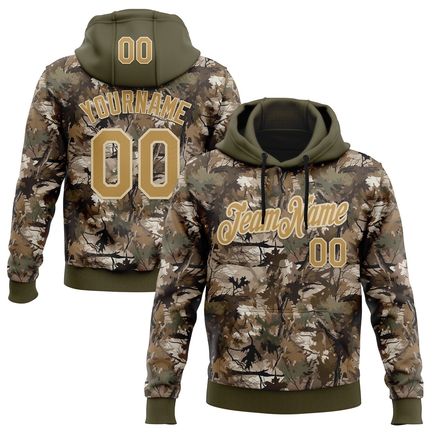 Custom Stitched Olive Old Gold-Cream 3D Pattern Design Tree Camo Hunting Sports Pullover Sweatshirt Salute To Service Hoodie - Main View