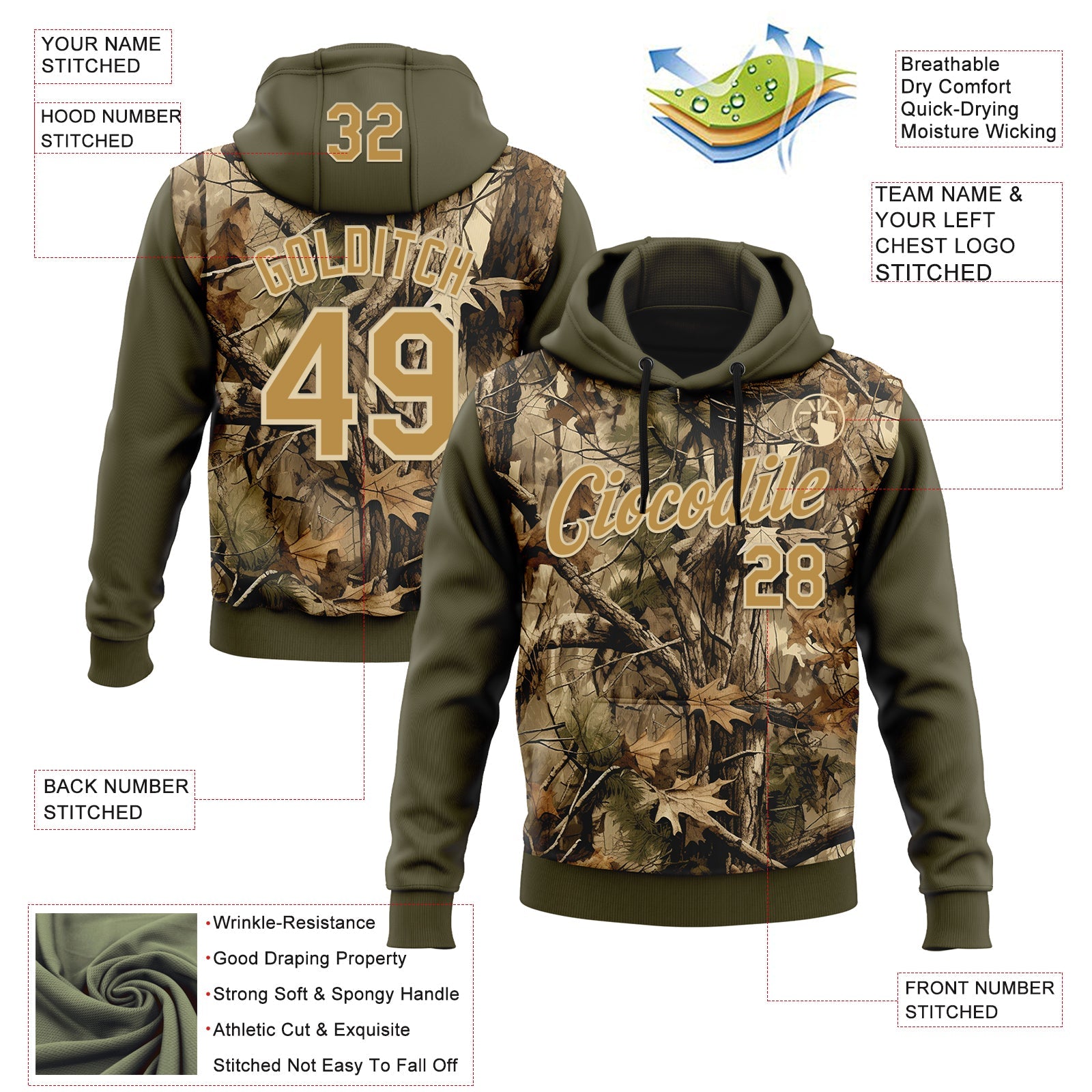 Custom Stitched Olive Old Gold-Cream 3D Pattern Design Tree Camo Hunting Sports Pullover Sweatshirt Salute To Service Hoodie view 2