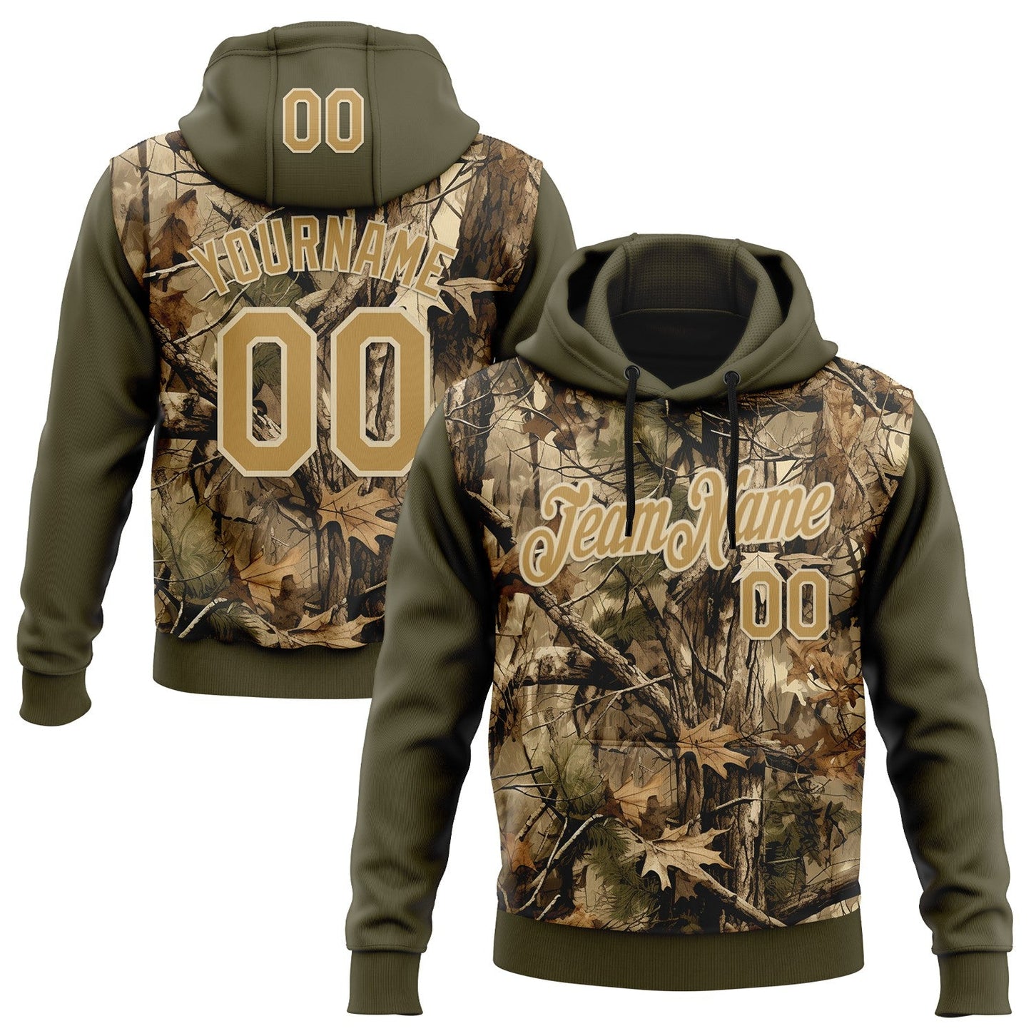 Custom Stitched Olive Old Gold-Cream 3D Pattern Design Tree Camo Hunting Sports Pullover Sweatshirt Salute To Service Hoodie - Main View