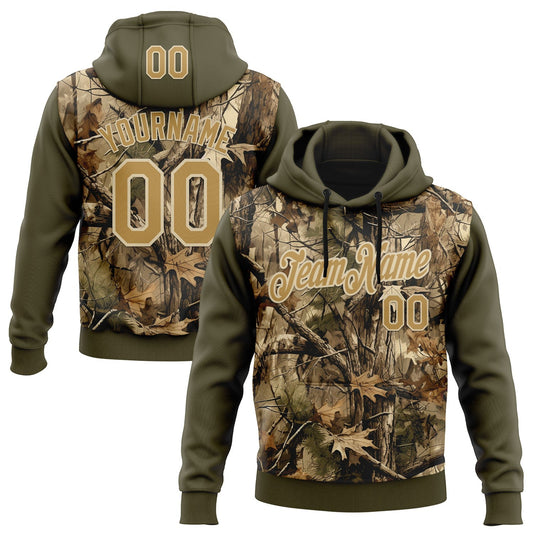 Custom Stitched Olive Old Gold-Cream 3D Pattern Design Tree Camo Hunting Sports Pullover Sweatshirt Salute To Service Hoodie - Main View