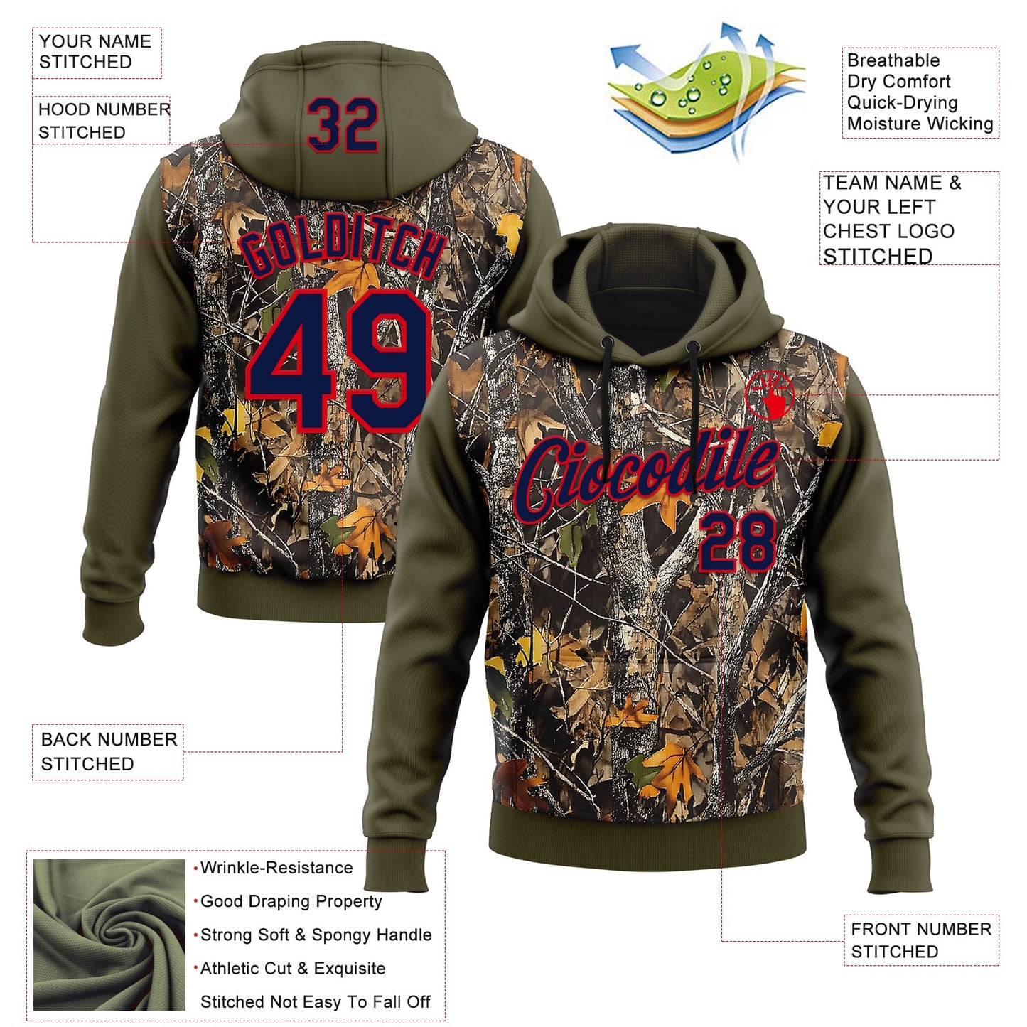 Custom Stitched Olive Navy-Fire Red 3D Pattern Design Tree Camo Hunting Sports Pullover Sweatshirt Salute To Service Hoodie view 2